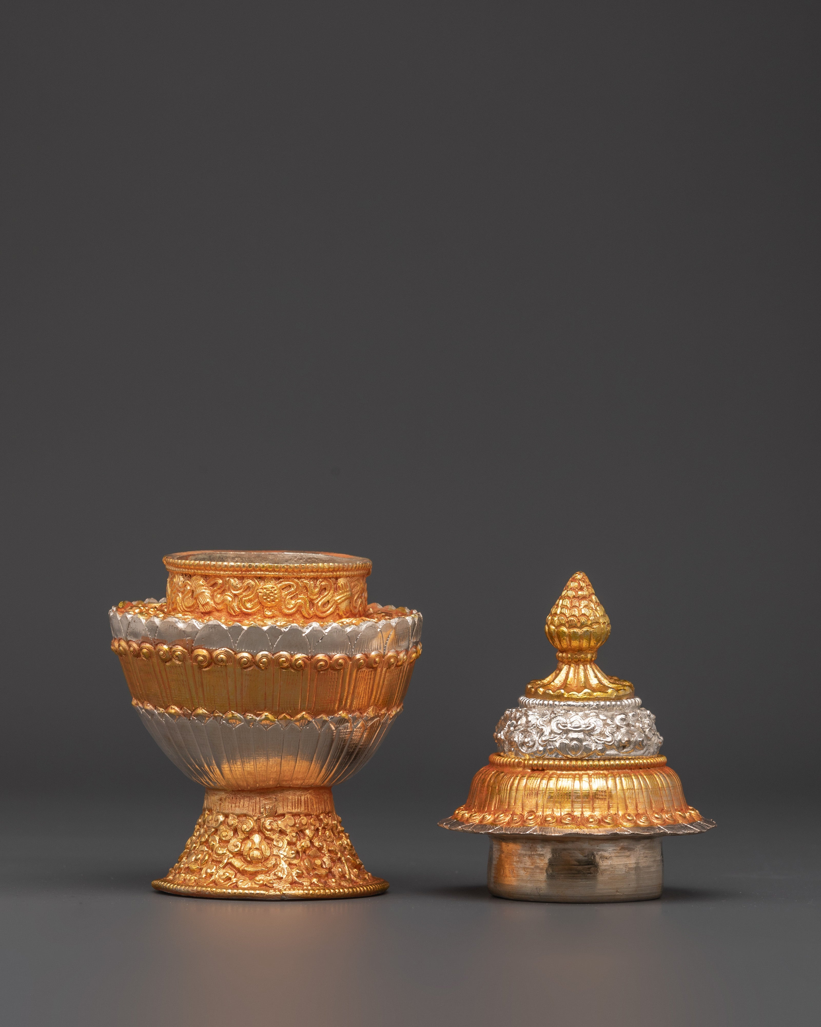 Himalayan Buddhist Ritual Pot | Offering Vessel with Electroplated Gold and Silver