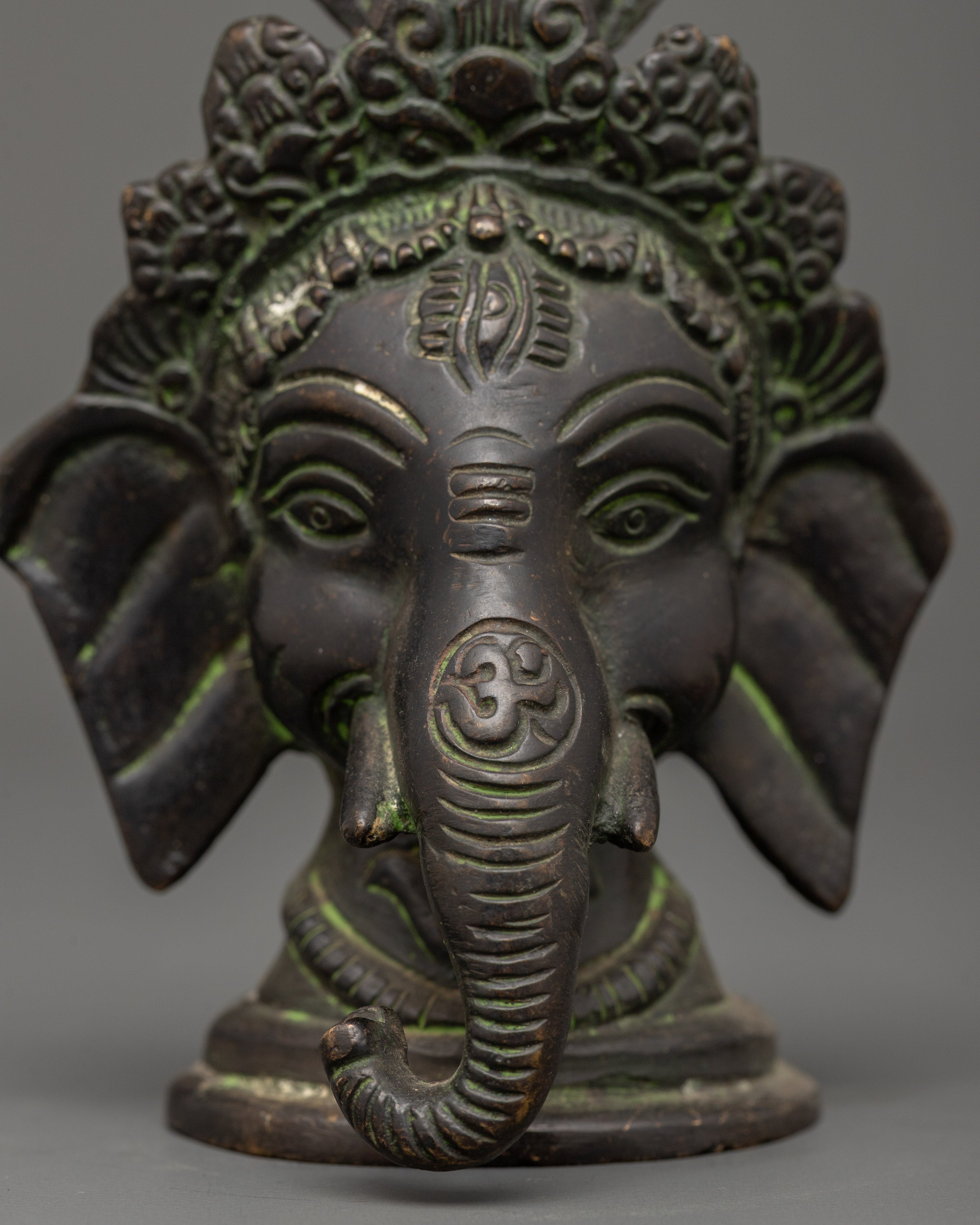 Brass Ganesh Head Statue with Antique Finish | Hindu Elephant God Ganesha