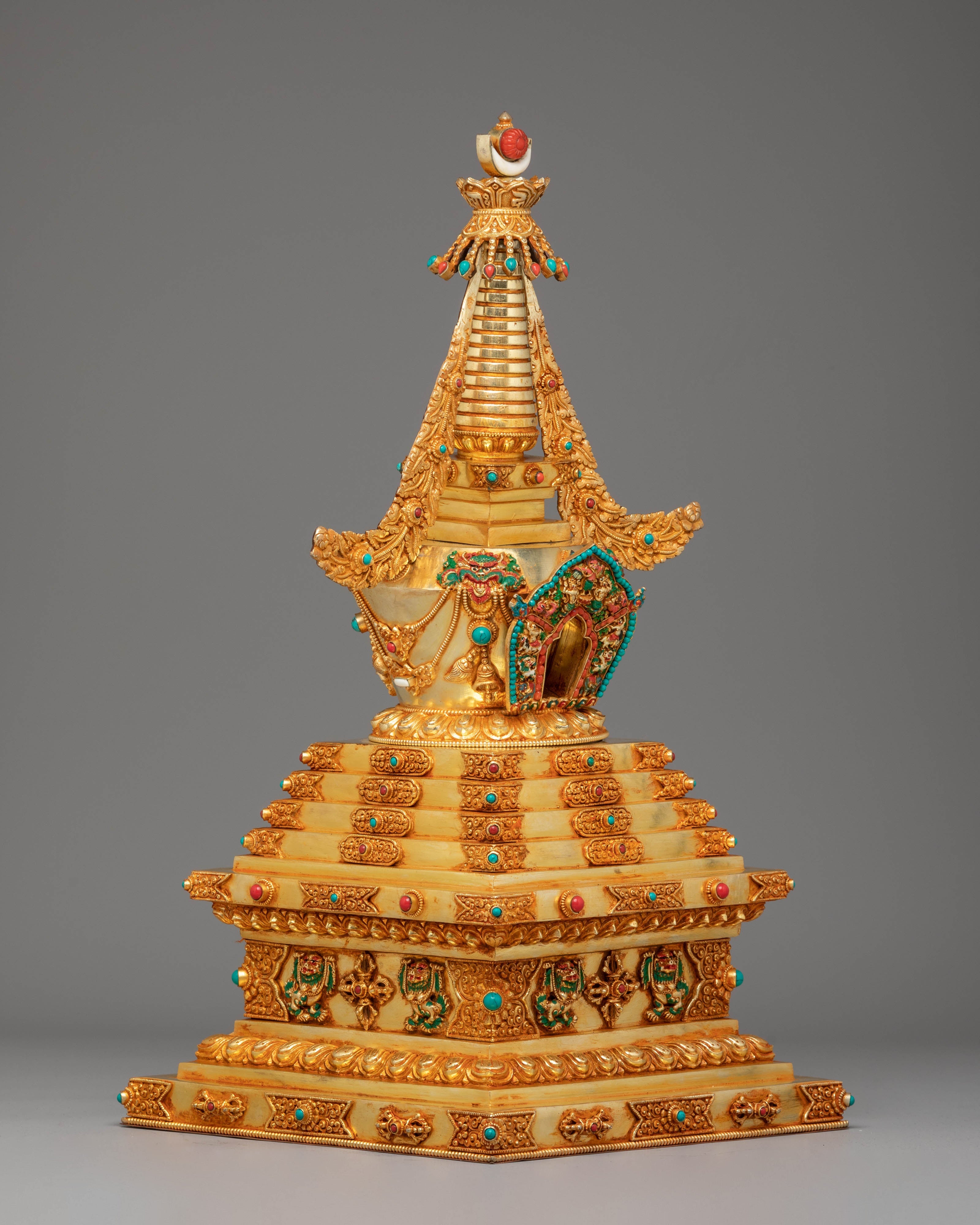 Golden Copper Tibetan Stupa | Sacred Buddhist Shrine Decor