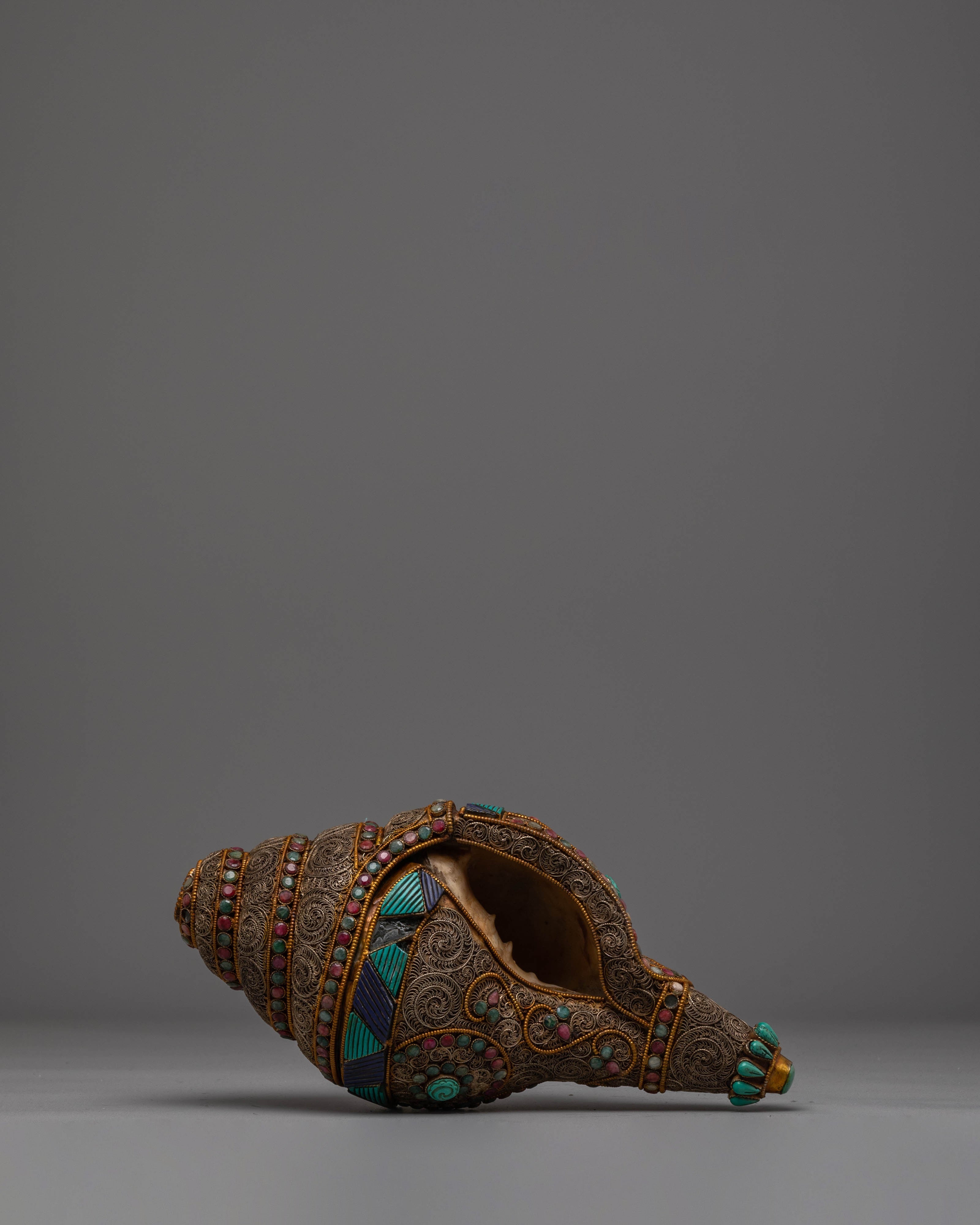 Tibetan Conch Shell with Semi Precious Stones for Puja and Meditation