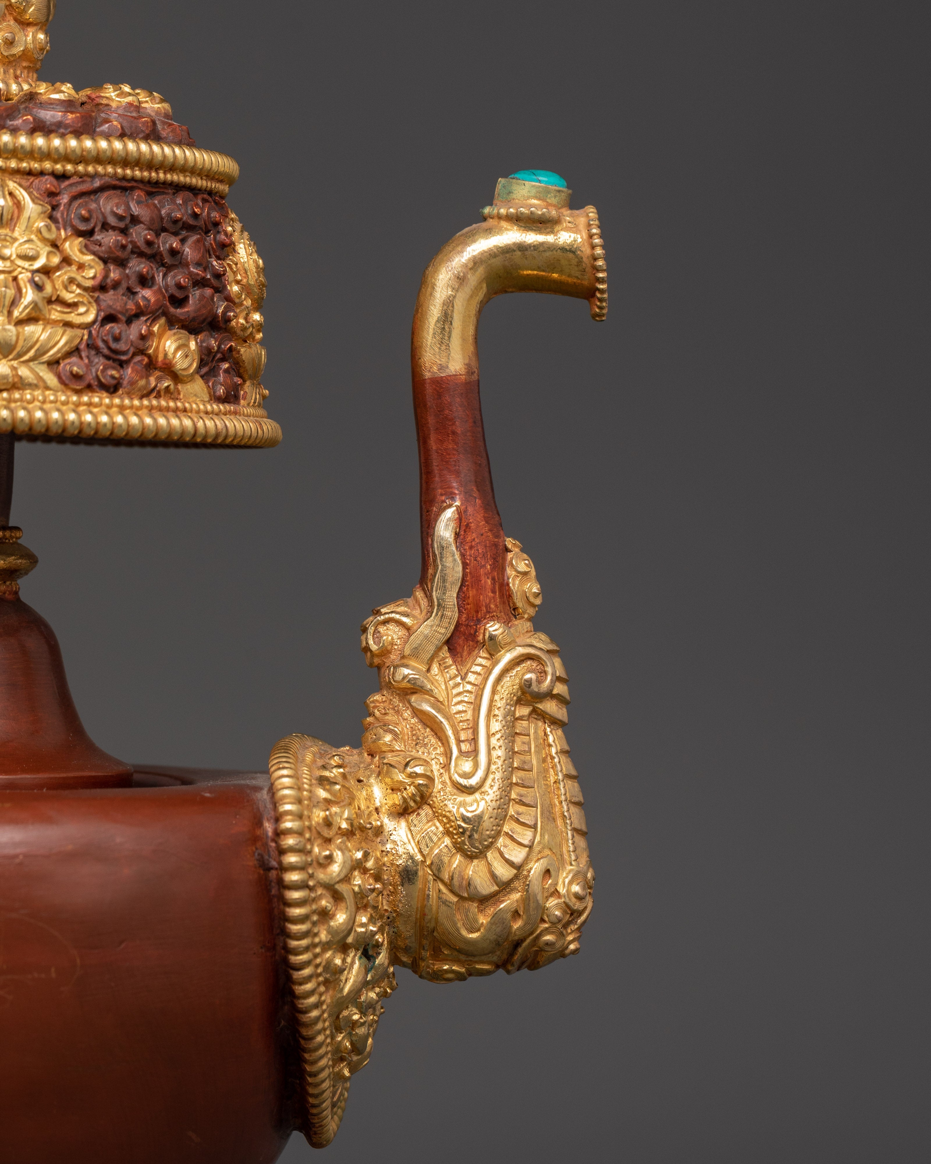 Pair of Tibetan Bhumba Vases | Gold-Plated Copper Vessels with Coral Inlay