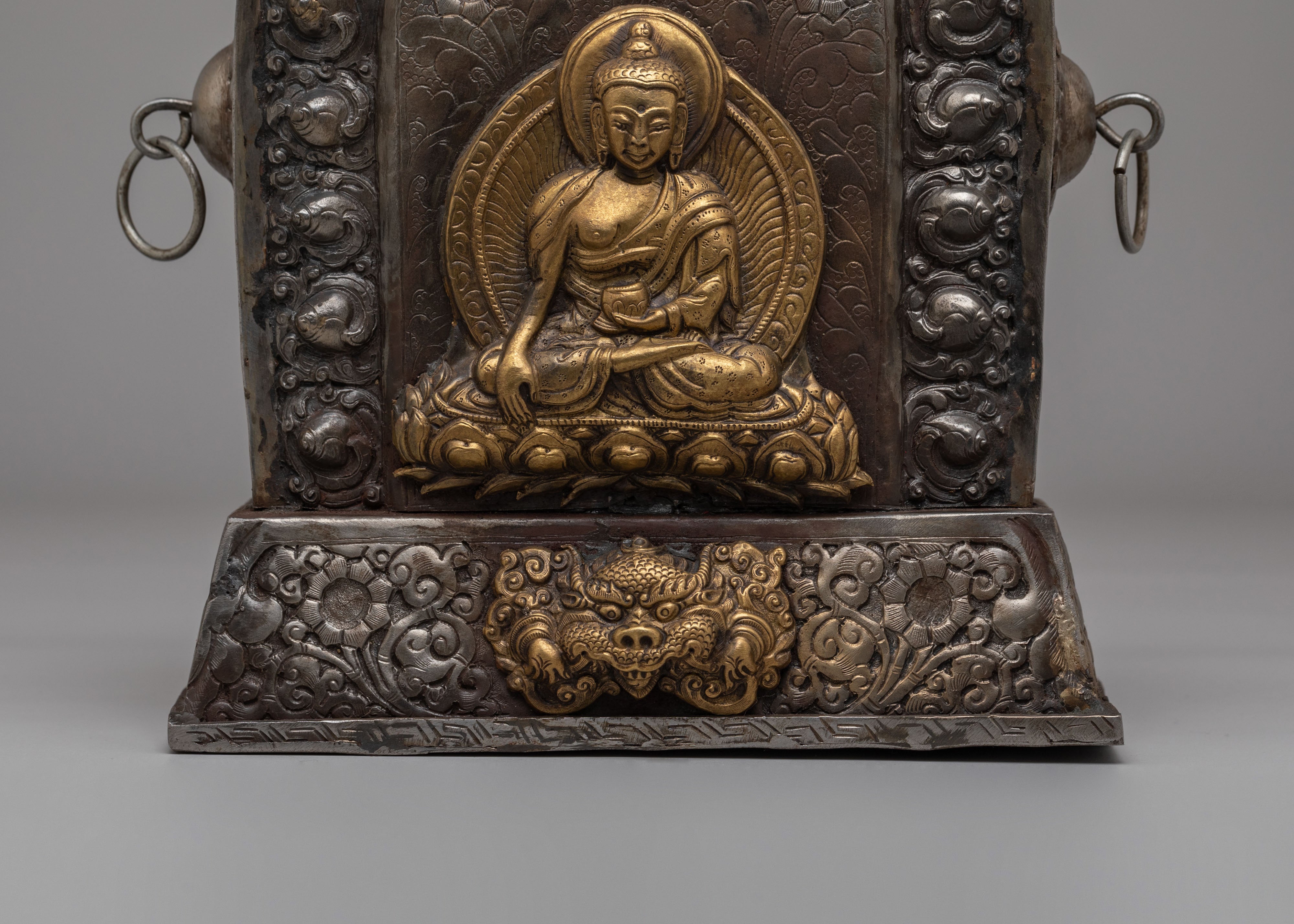Handmade Shakyamuni Buddha Altar Box | Copper & Iron Ghau Box for Sacred Offerings