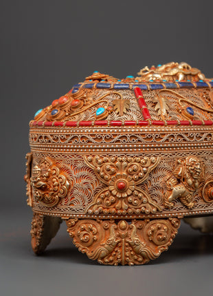 Gold-Plated Copper Tibetan Treasure Box | Coral & Turquoise Stones Inlaid Handcrafted Box