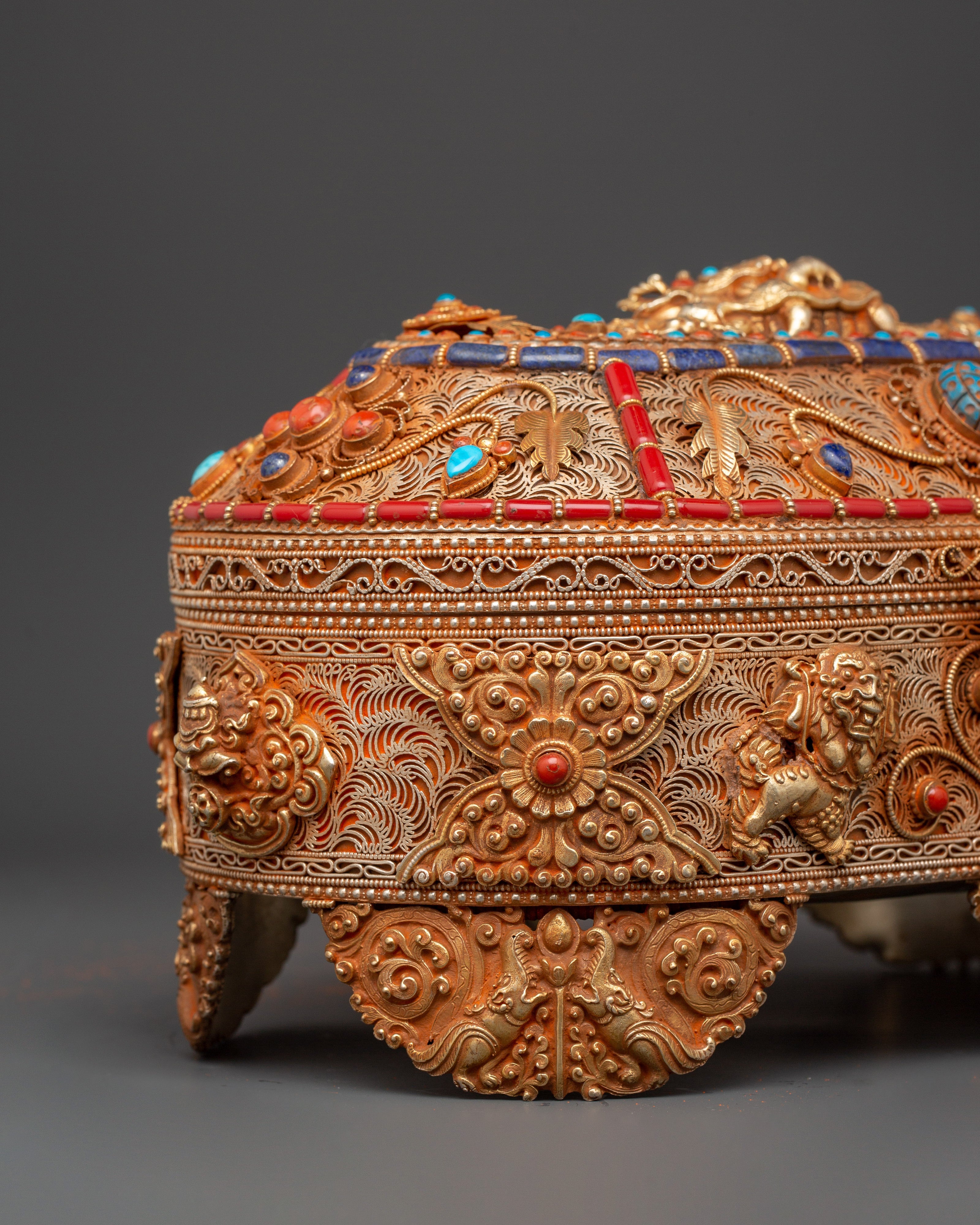 Gold-Plated Copper Tibetan Treasure Box | Coral & Turquoise Stones Inlaid Handcrafted Box