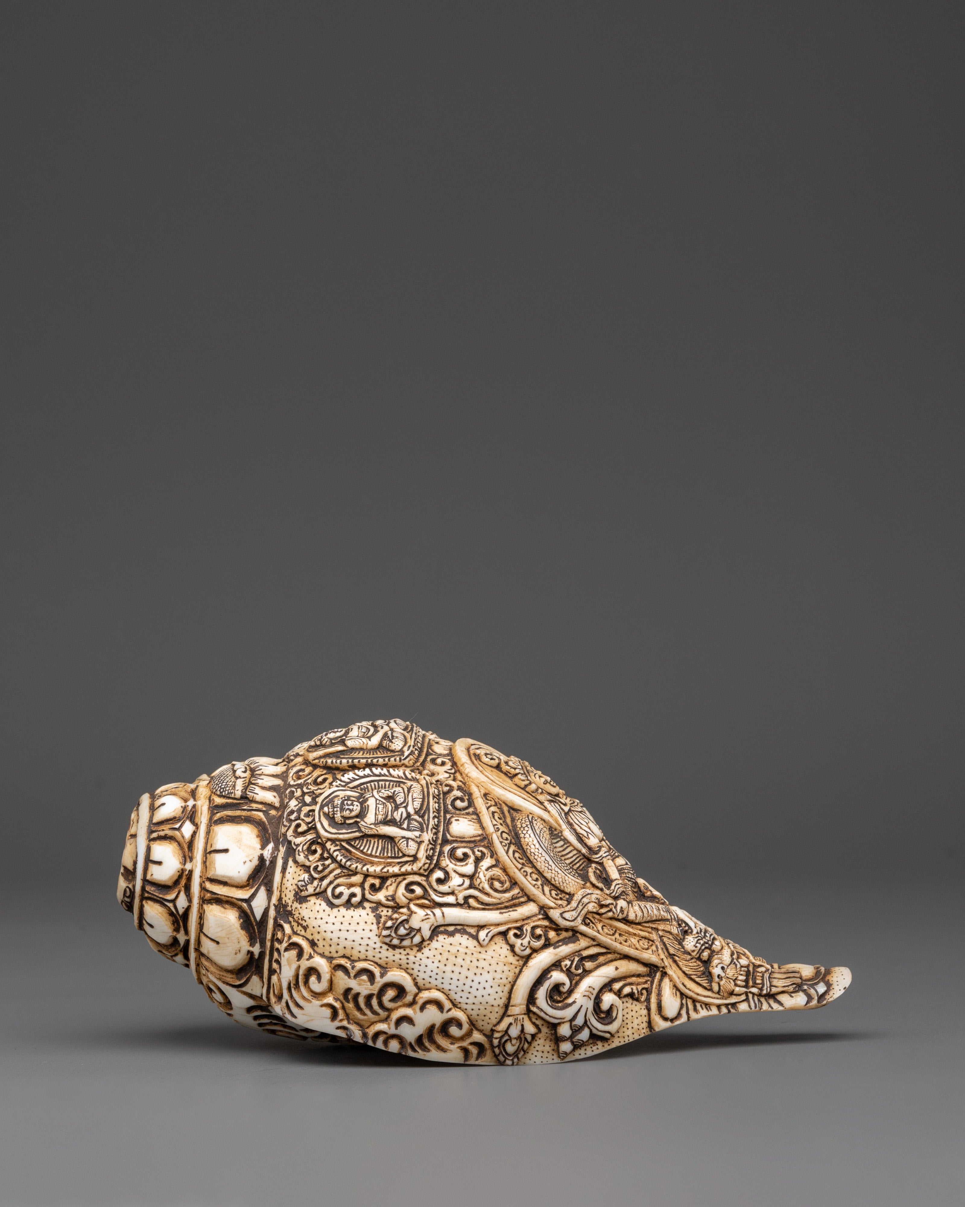 Three Dhyani Buddha and White Tara Carved Conch | Conch Shell