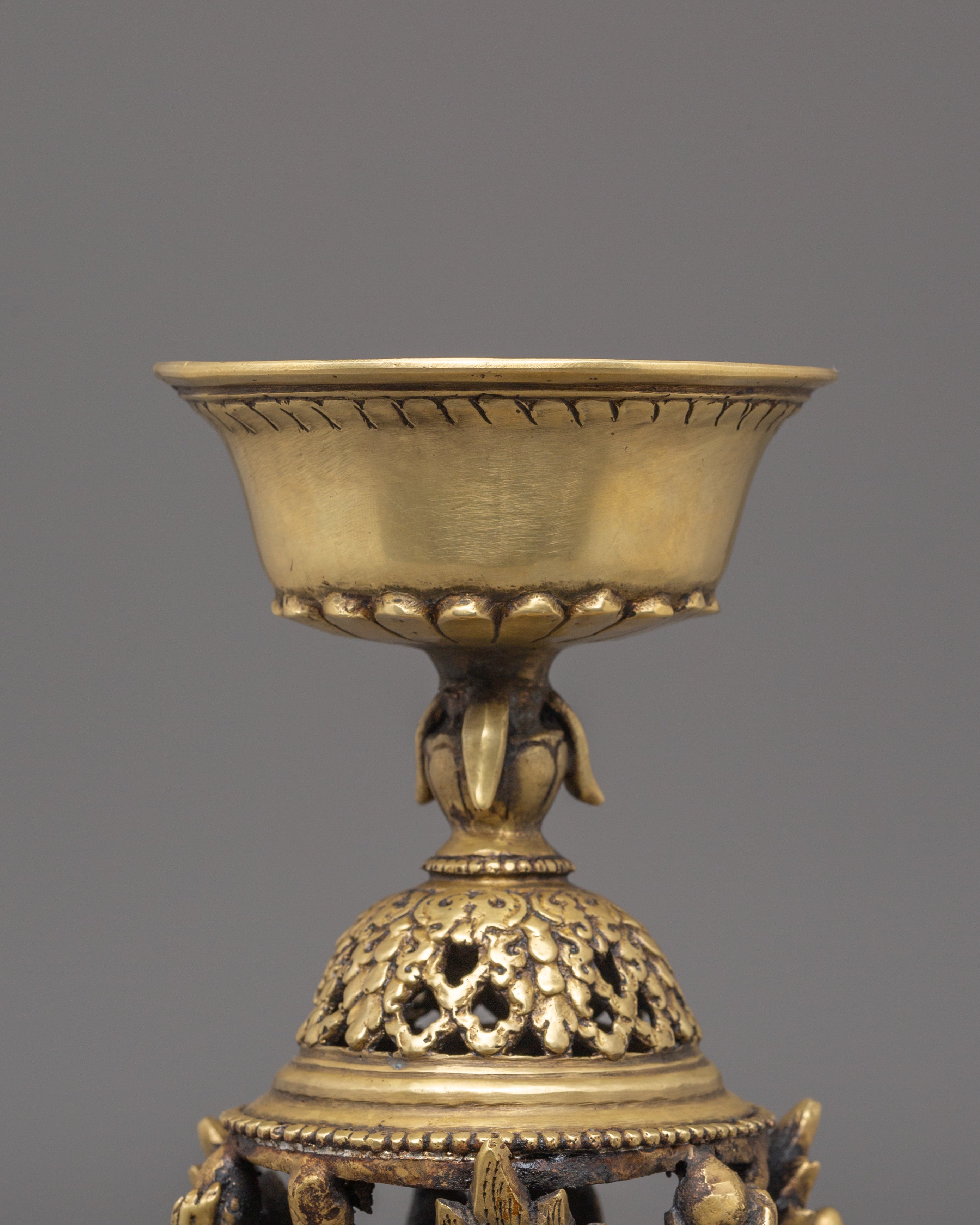 Handcrafted Brass Oil Lamp Set for Offering | Tibetan Ritual Lamps