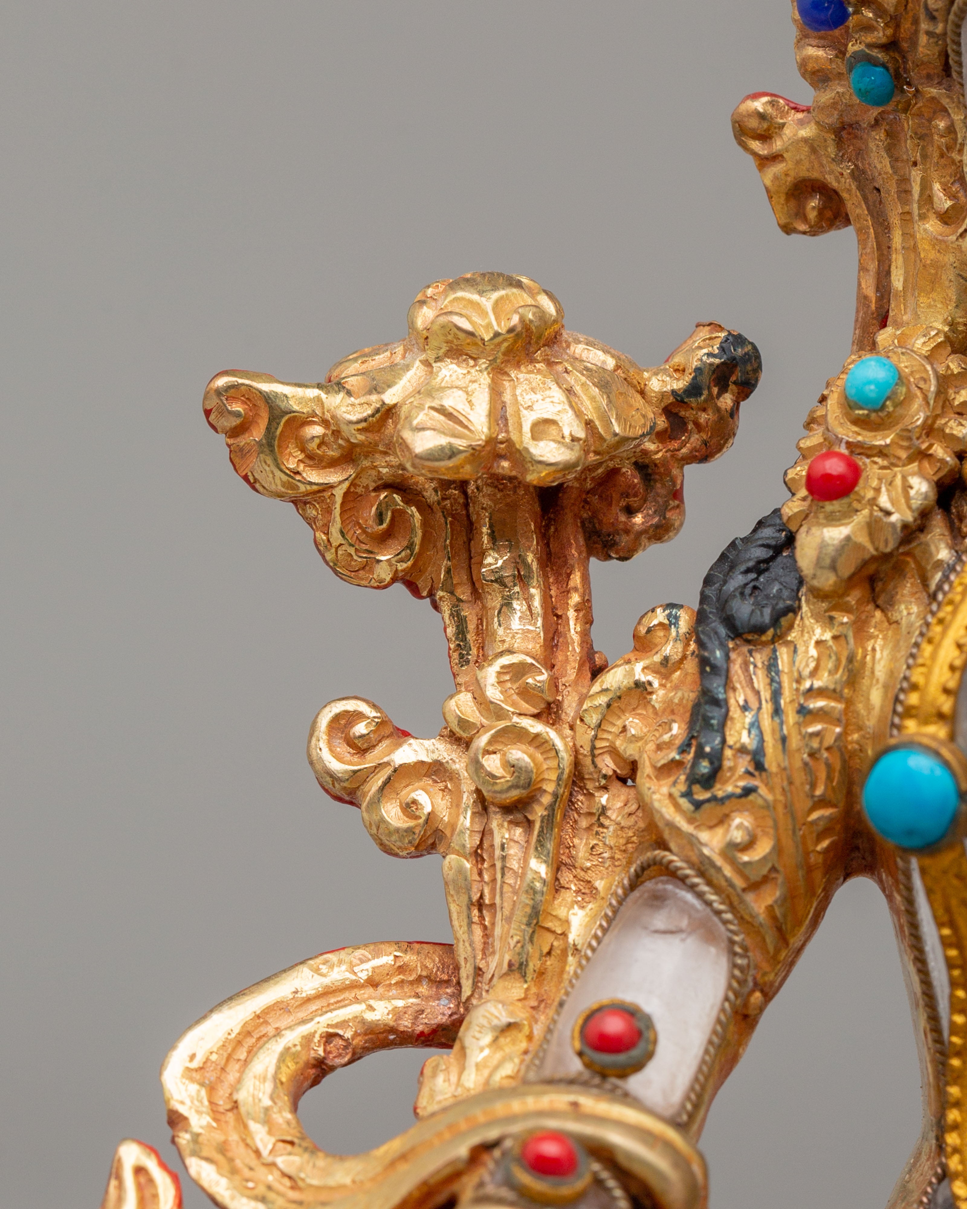 White Tara Spiritual Sculpture | Copper Buddhist Statue with Gemstone Details