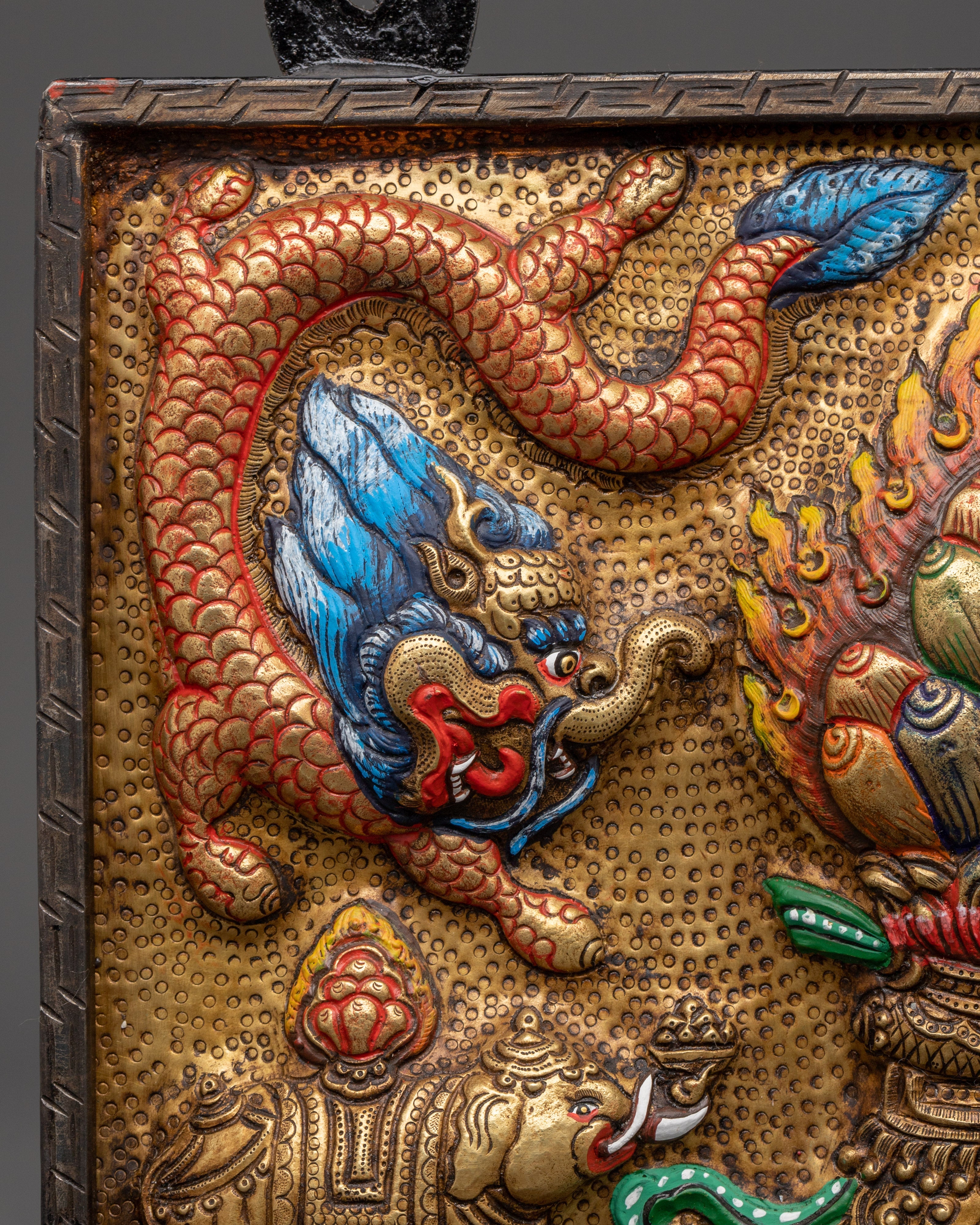 Handcrafted Brass Tibetan Wall Hanging | Tibetan Decor with Elephants & Dragon