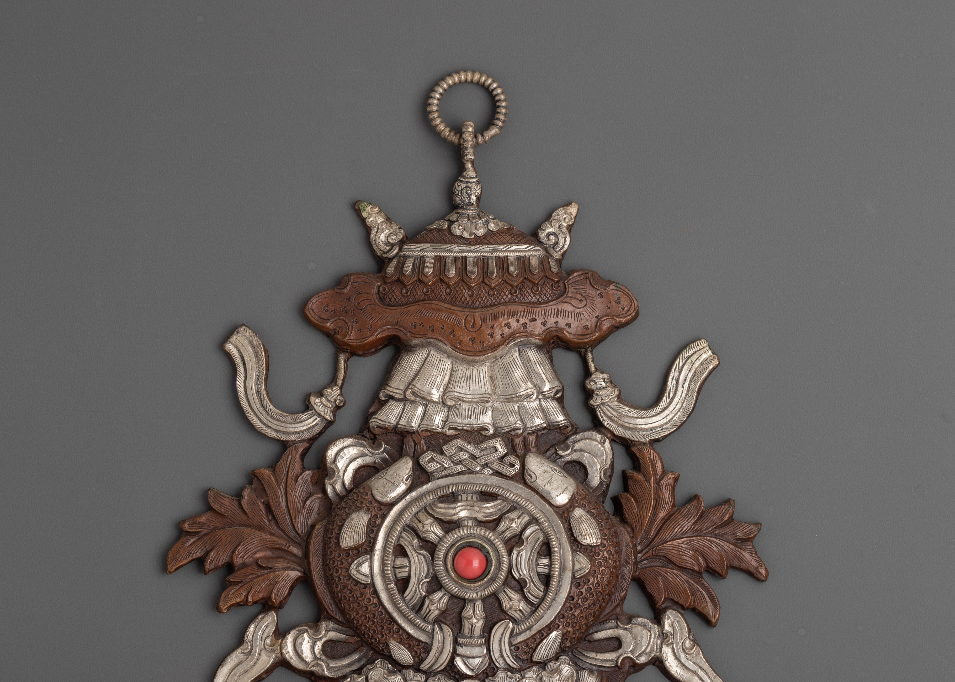 Auspicious Symbol Wall Hanging | Oxidized Copper & Silver Plated with Coral Stone