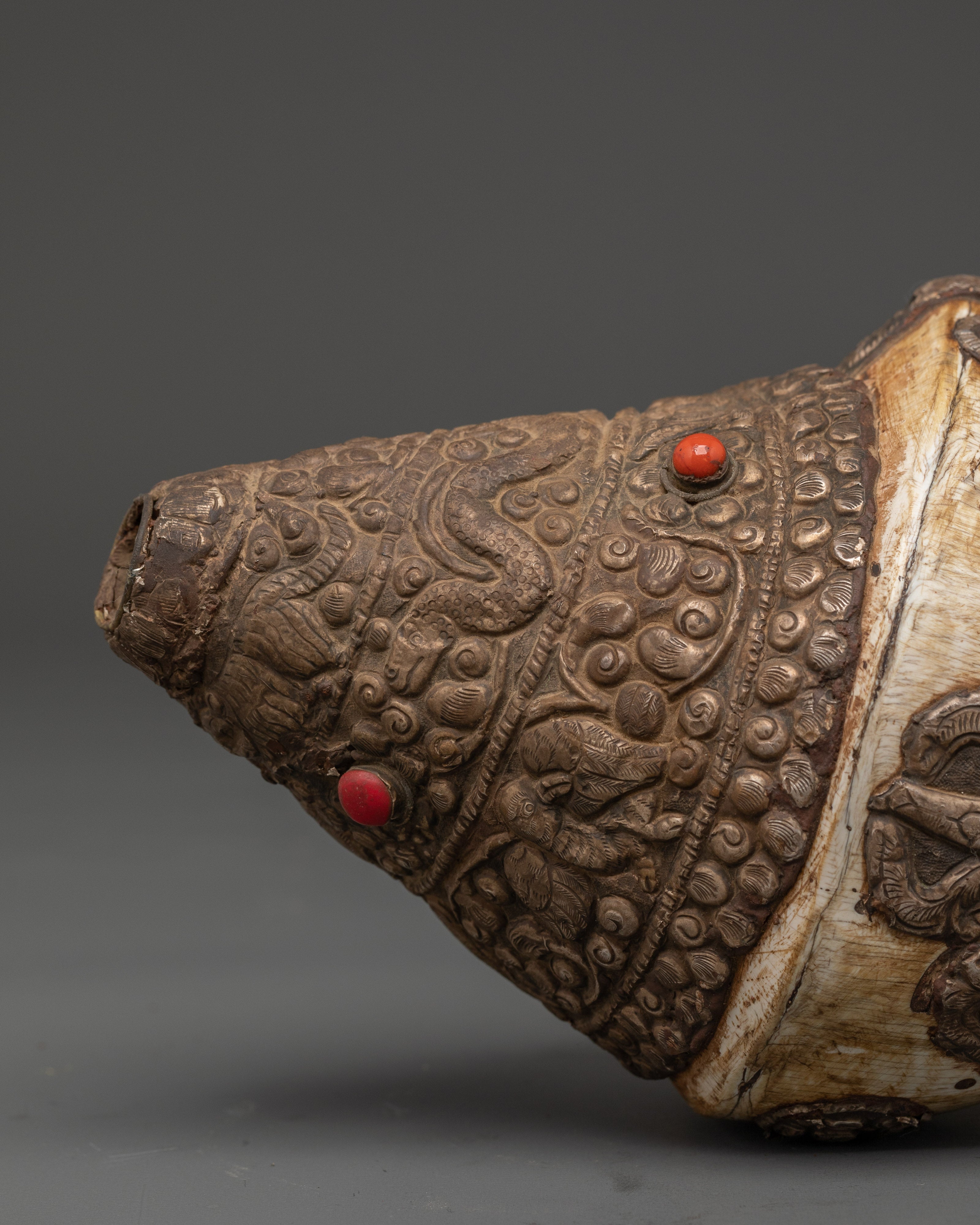 Buddhist Copper Conch Shell | Tibetan Ritual Trumpet with Coral and Turquoise