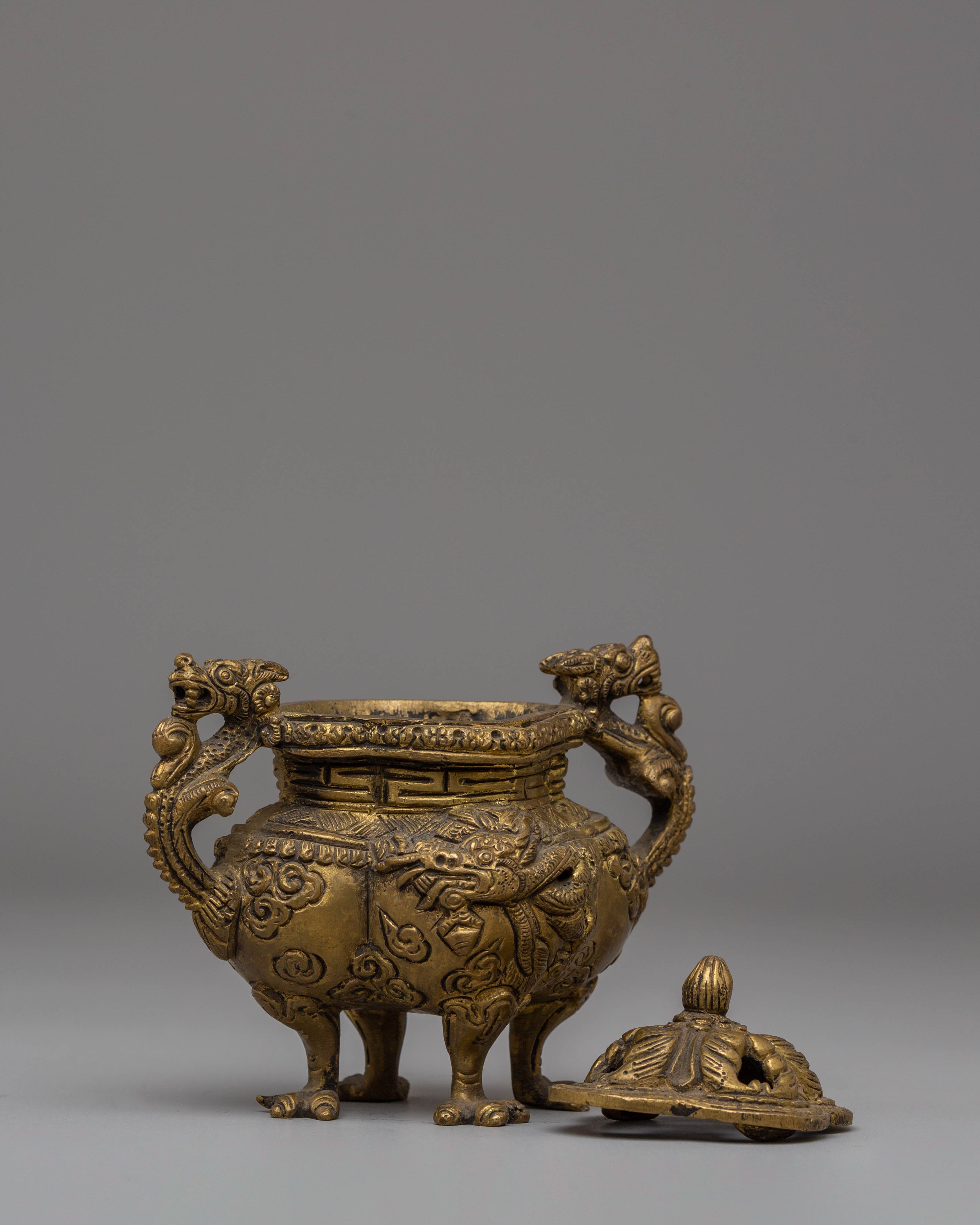 Handmade Dragon Motifs Incense Burner | Brass Ritual Decor