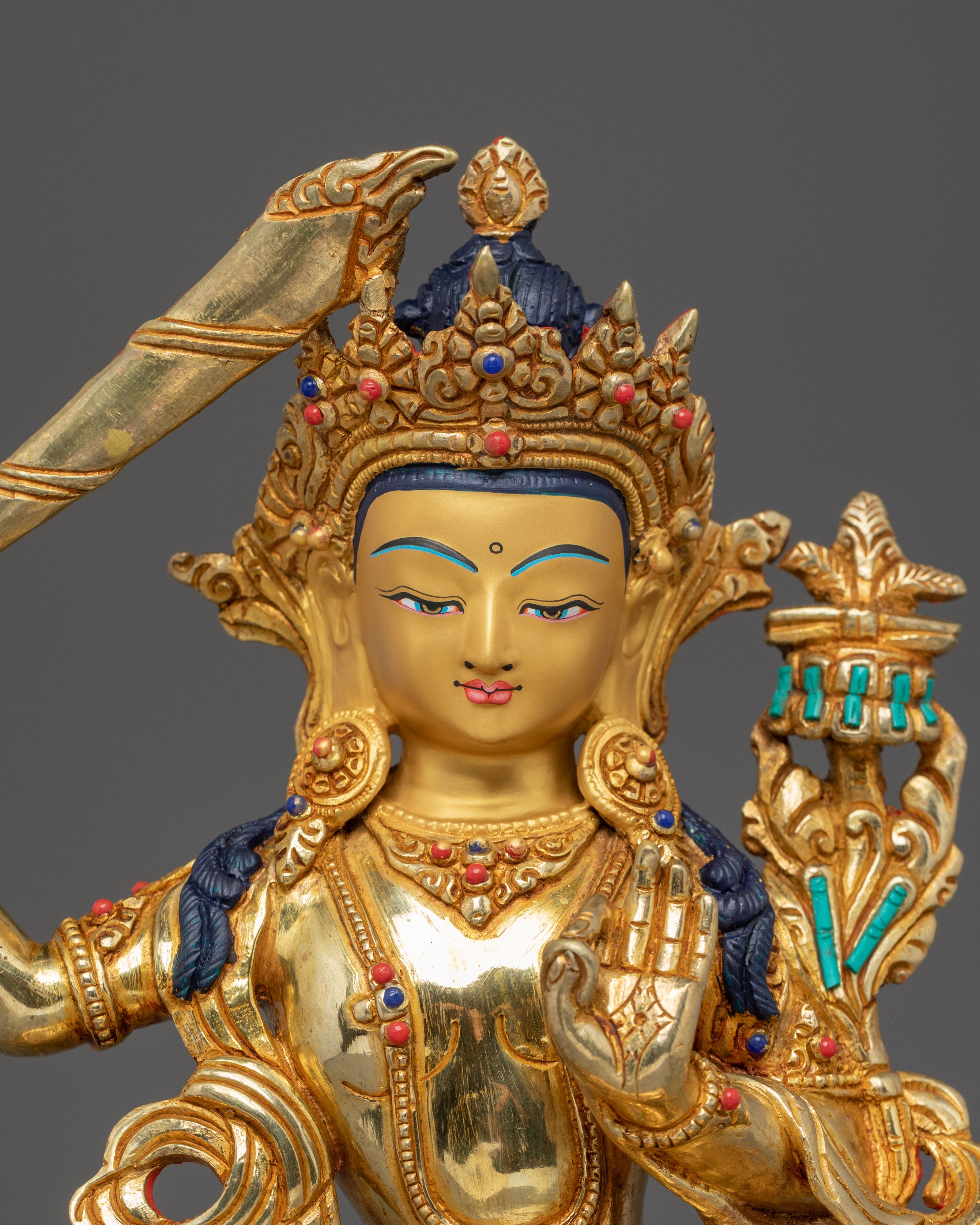 Handmade Manjushri Buddhist Sculpture | Gold Plated Manjushri Statue | Copper & Brass