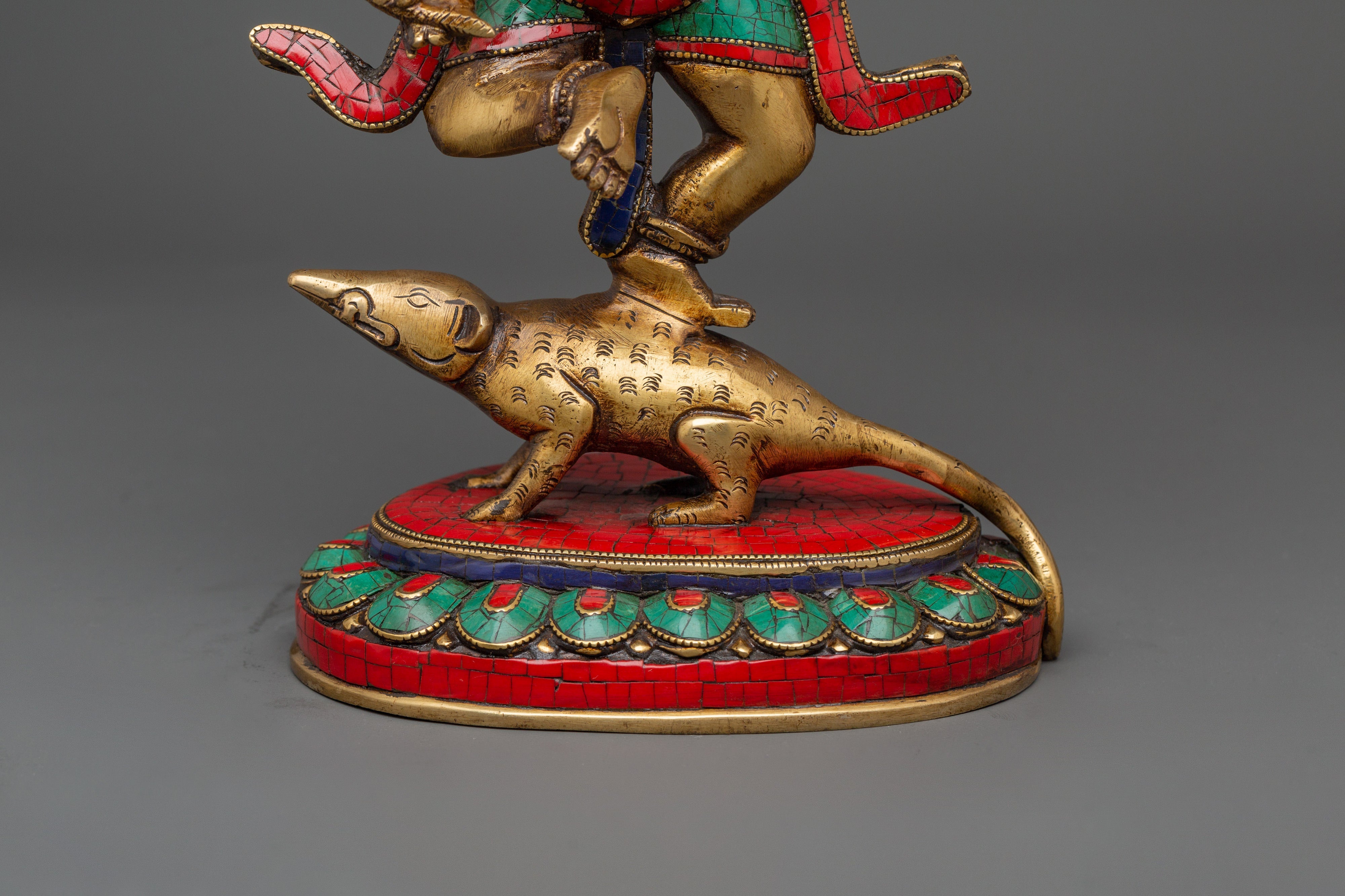 Lord Ganesh In Dance Posture Statue | Brass Ganesh Statue with Turquoise & Coral