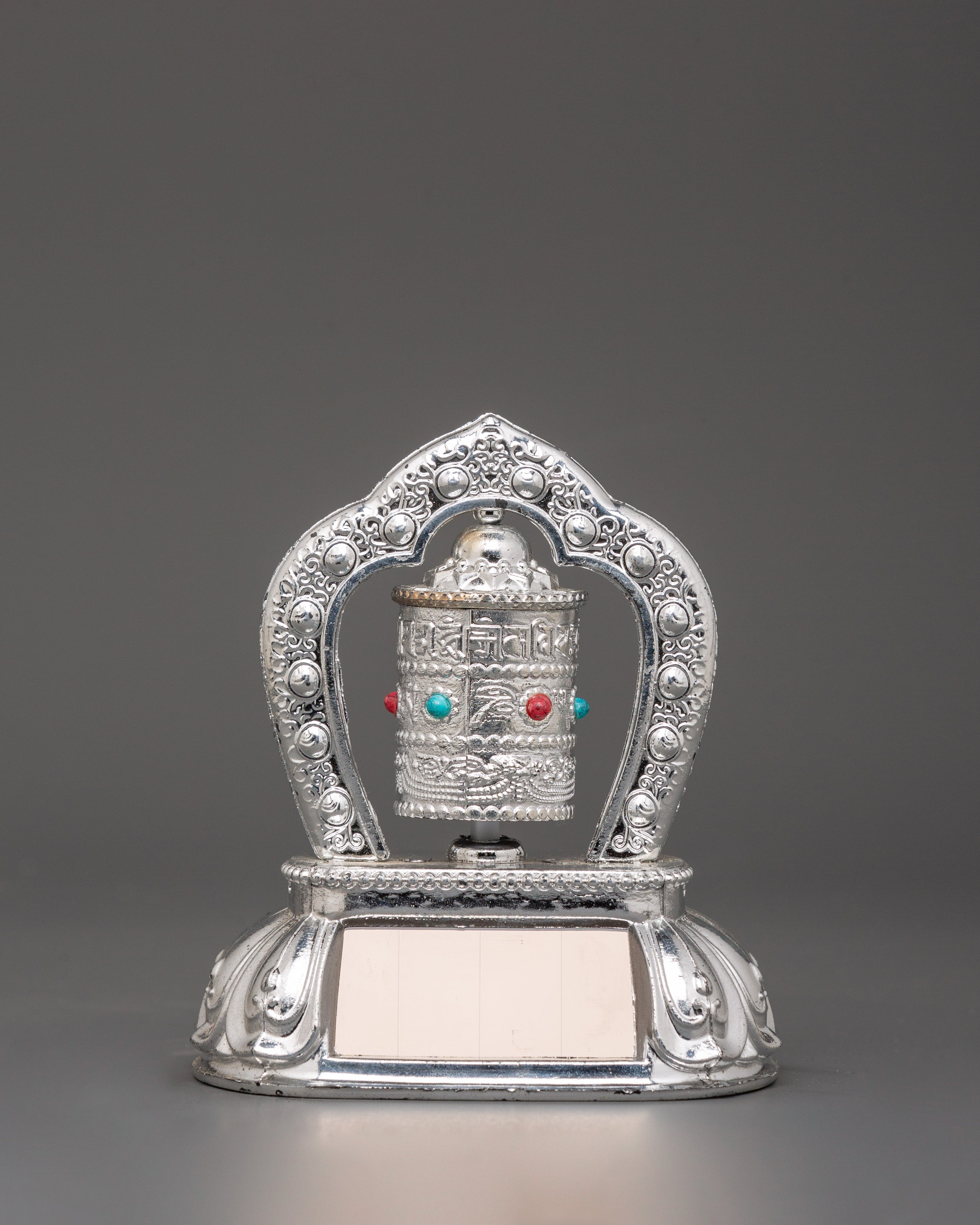 Tibetan Prayer Wheel with Turquoise & Coral Inlay | Buddhist Spiritual Decor