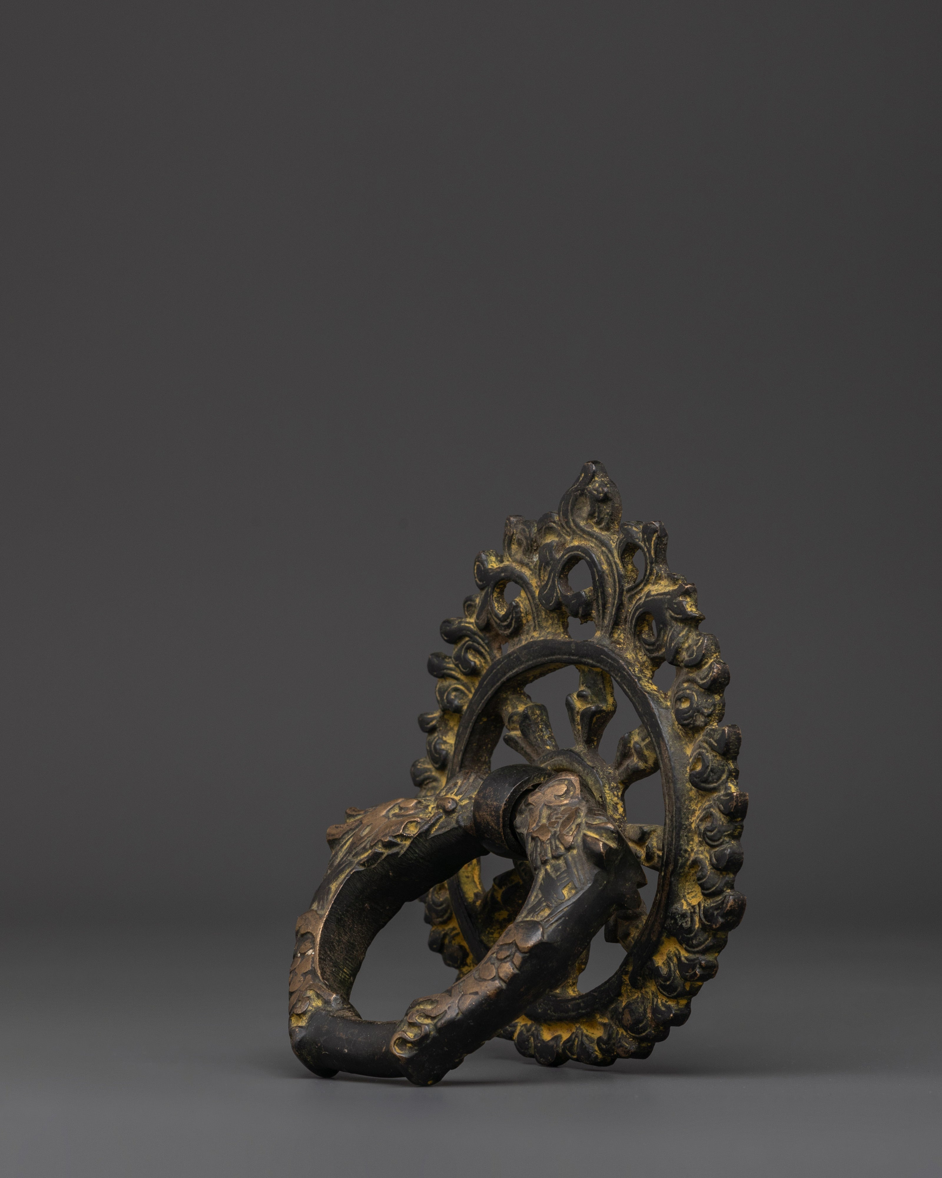 Tibetan Guardian Head Door Handle | Brass Ring Pull with Sacred Motifs