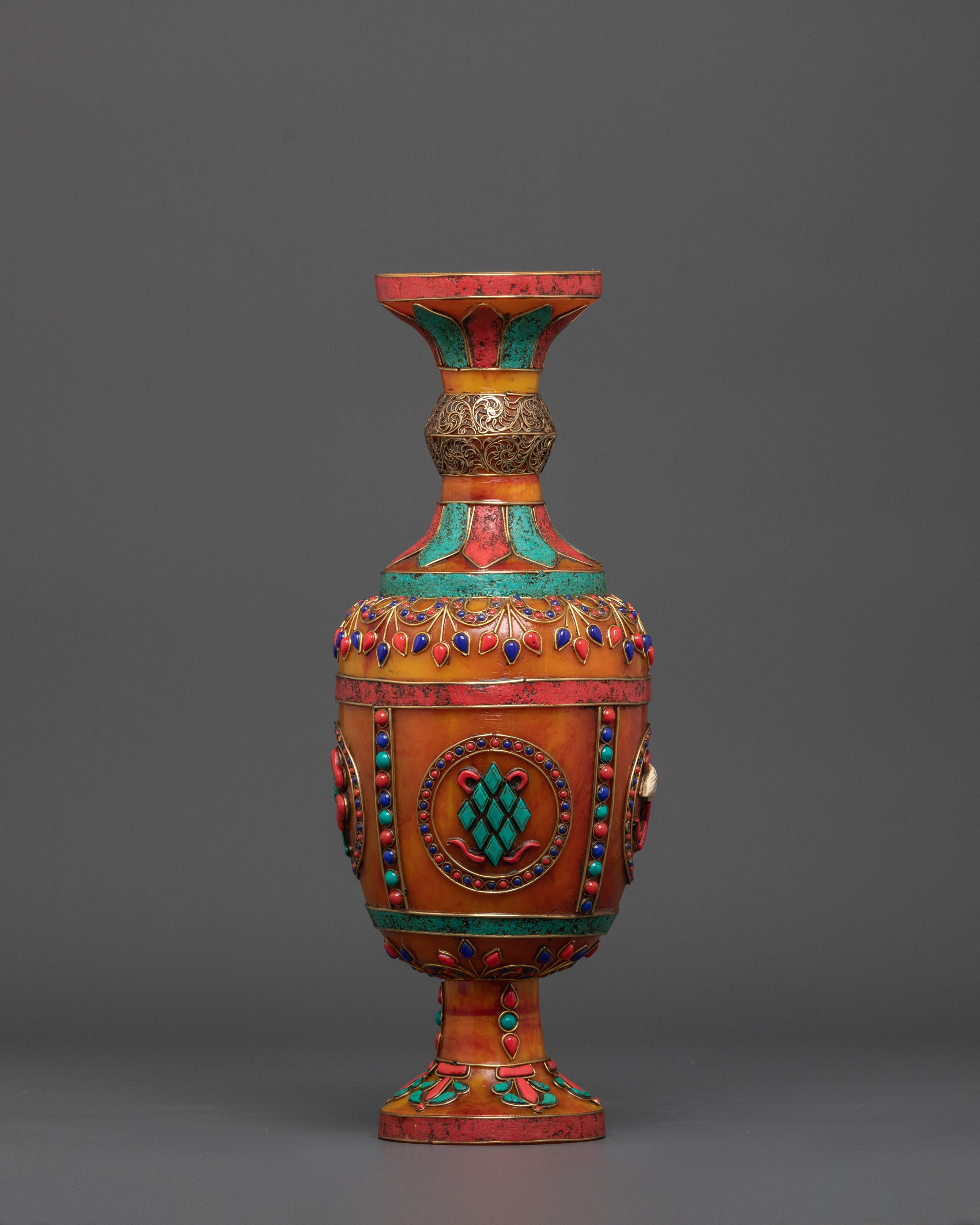 Buddhist Flower Vase Set for Decor | Coral, and Turquoise Stones