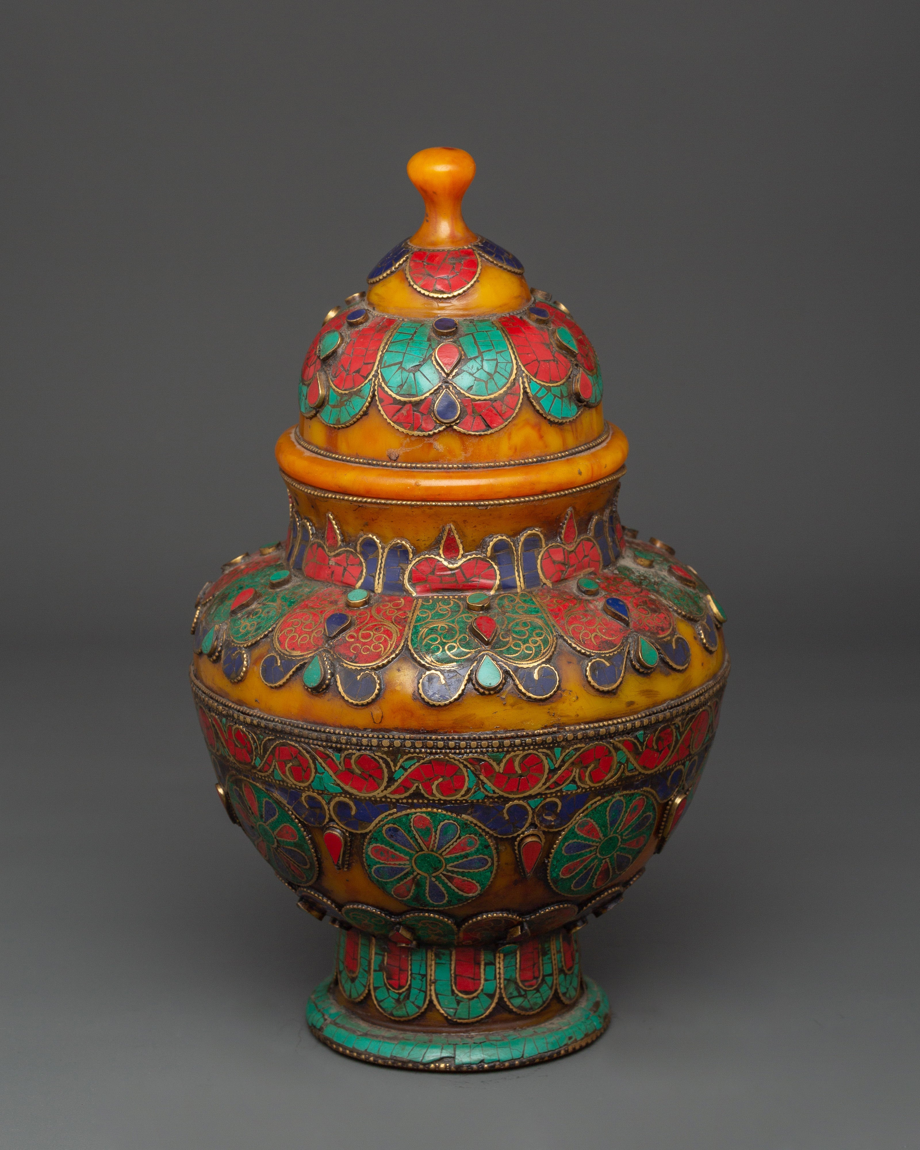 Traditional Himalayan Rice Pot | Handcrafted Brass & Amber Vessel with Turquoise Stone