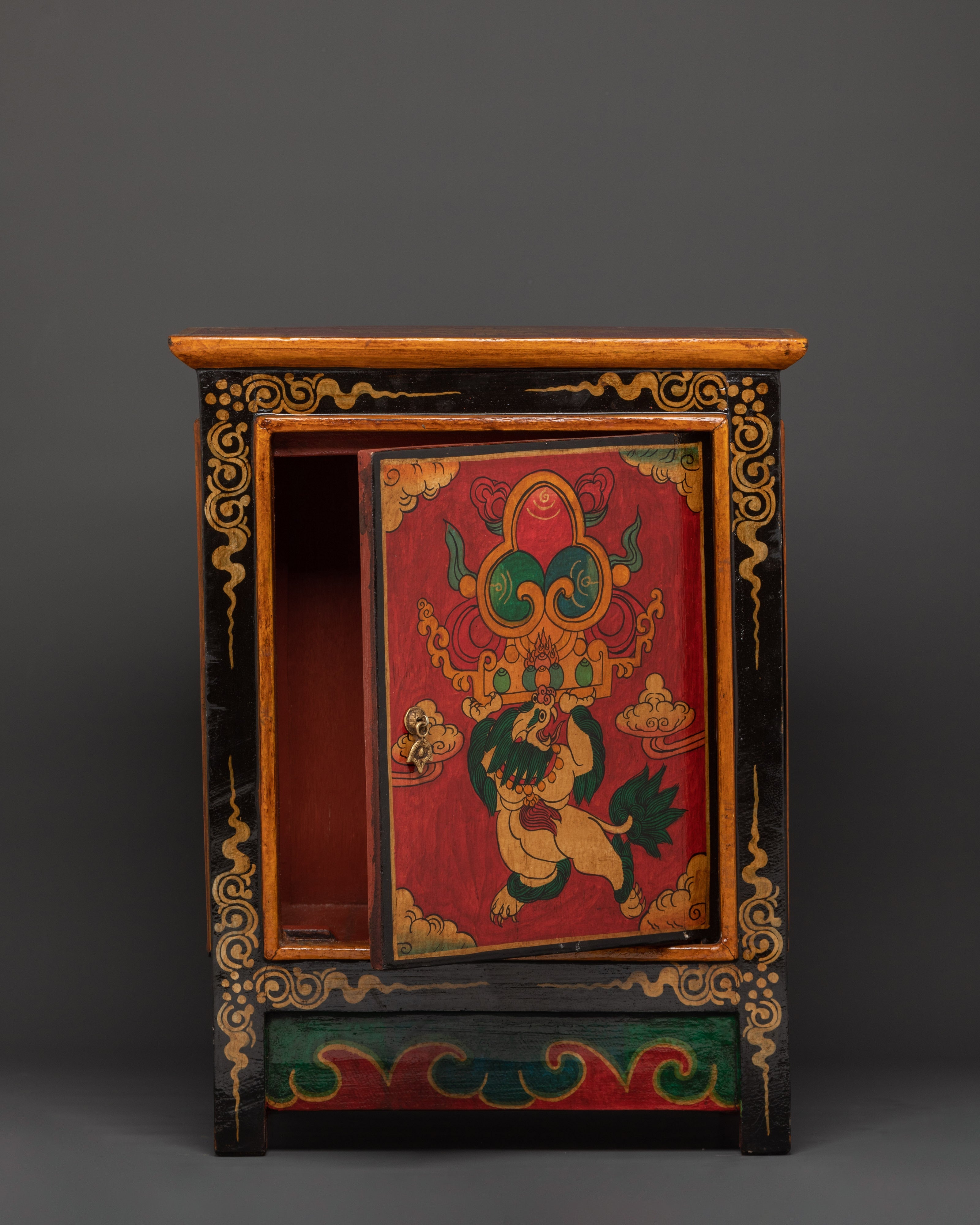 Handcarved Tibetan Wood Cabinet | Engraved Snow Lion Guardian