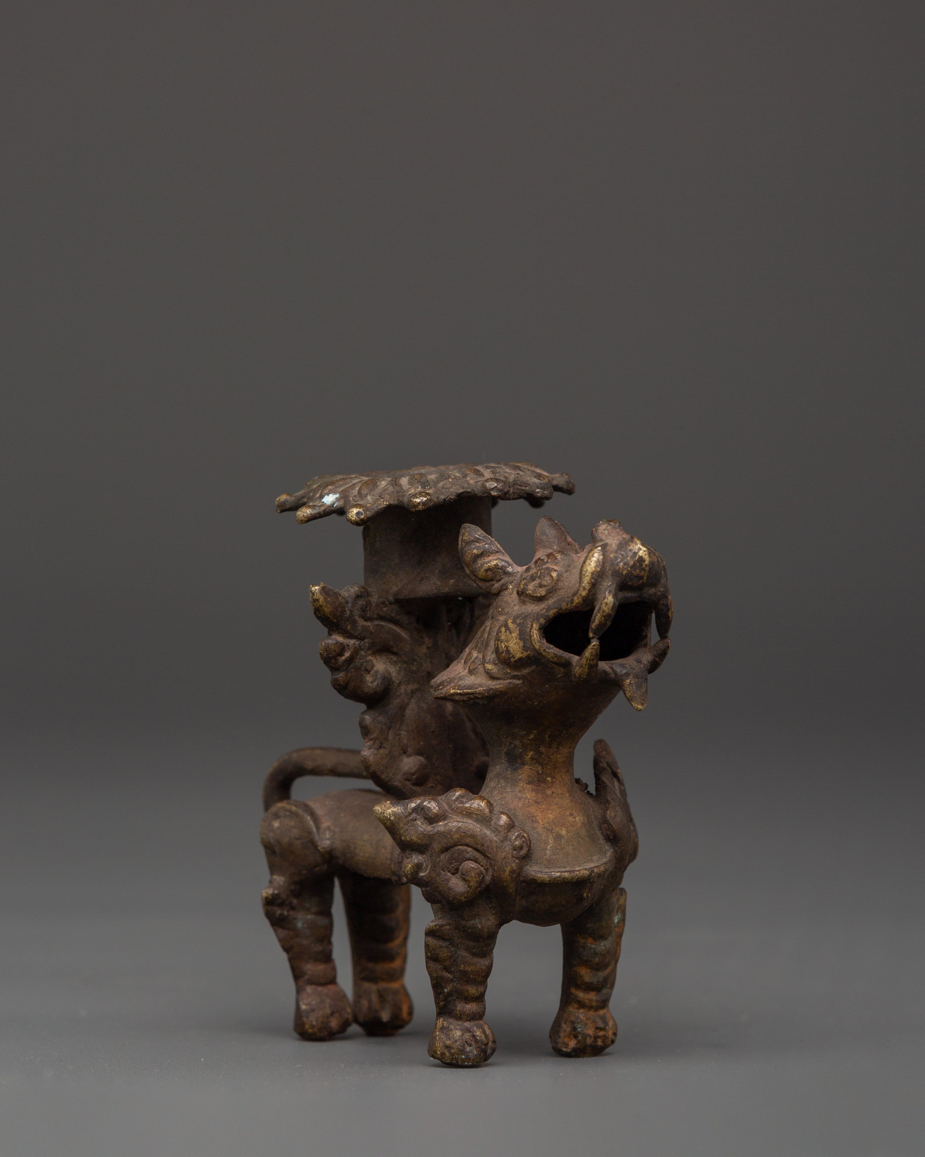 Bronze Lion Candle Holder for Hindu Rituals | Handcrafted Oil Lamp