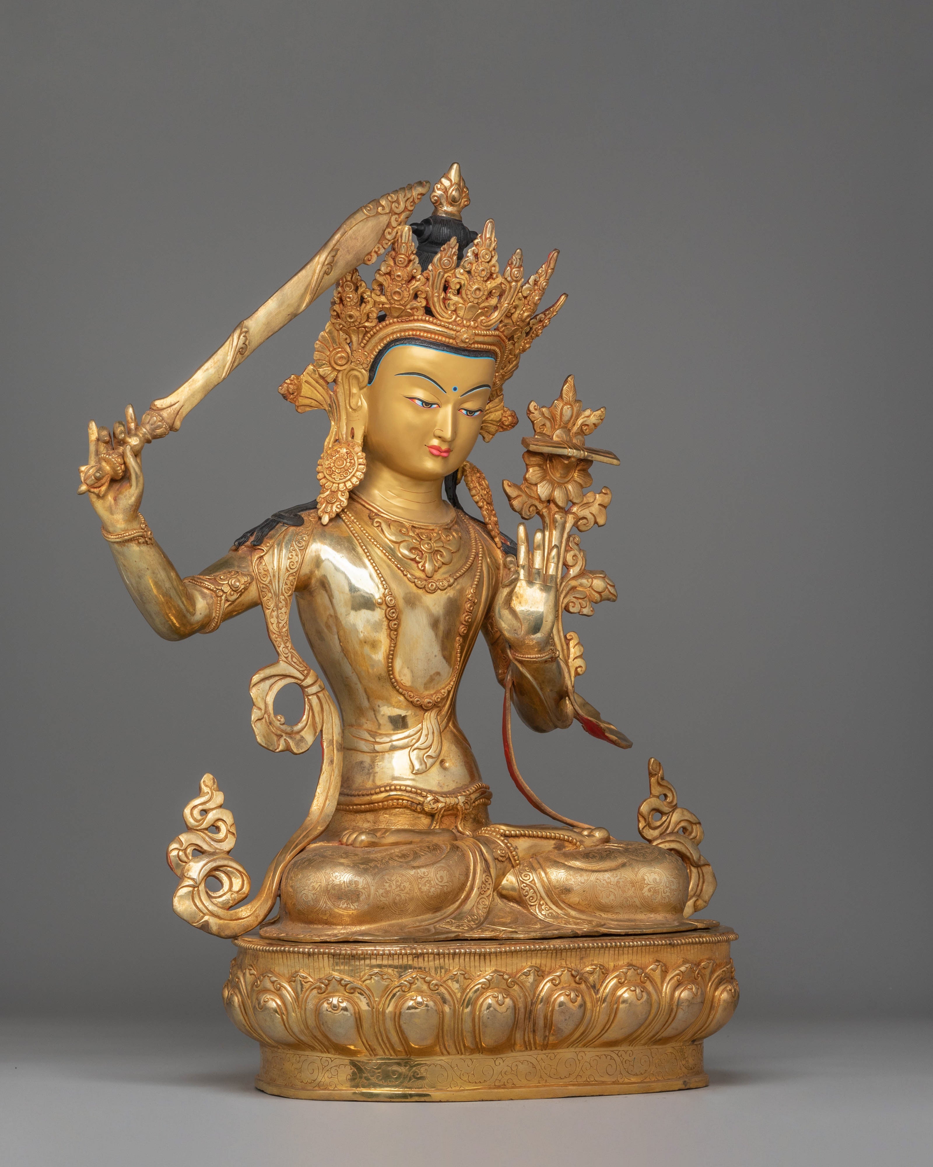 Handmade Spiritual Manjushri Statue | Gold-Plated Copper with Acrylic Color