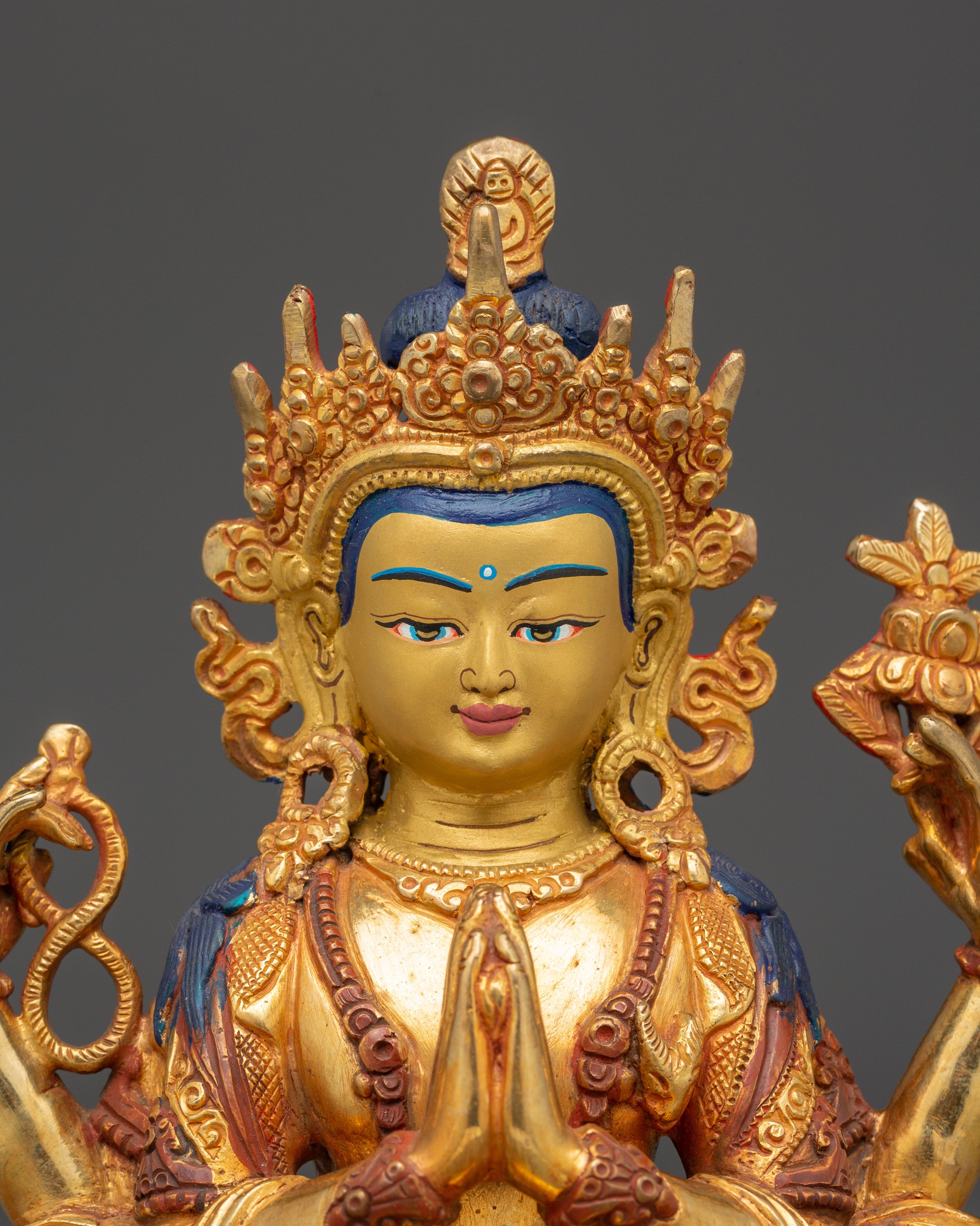 Sacred Statue of Bodhisattva Chenrezig | Copper & Gold Gilded with Acrylic Color