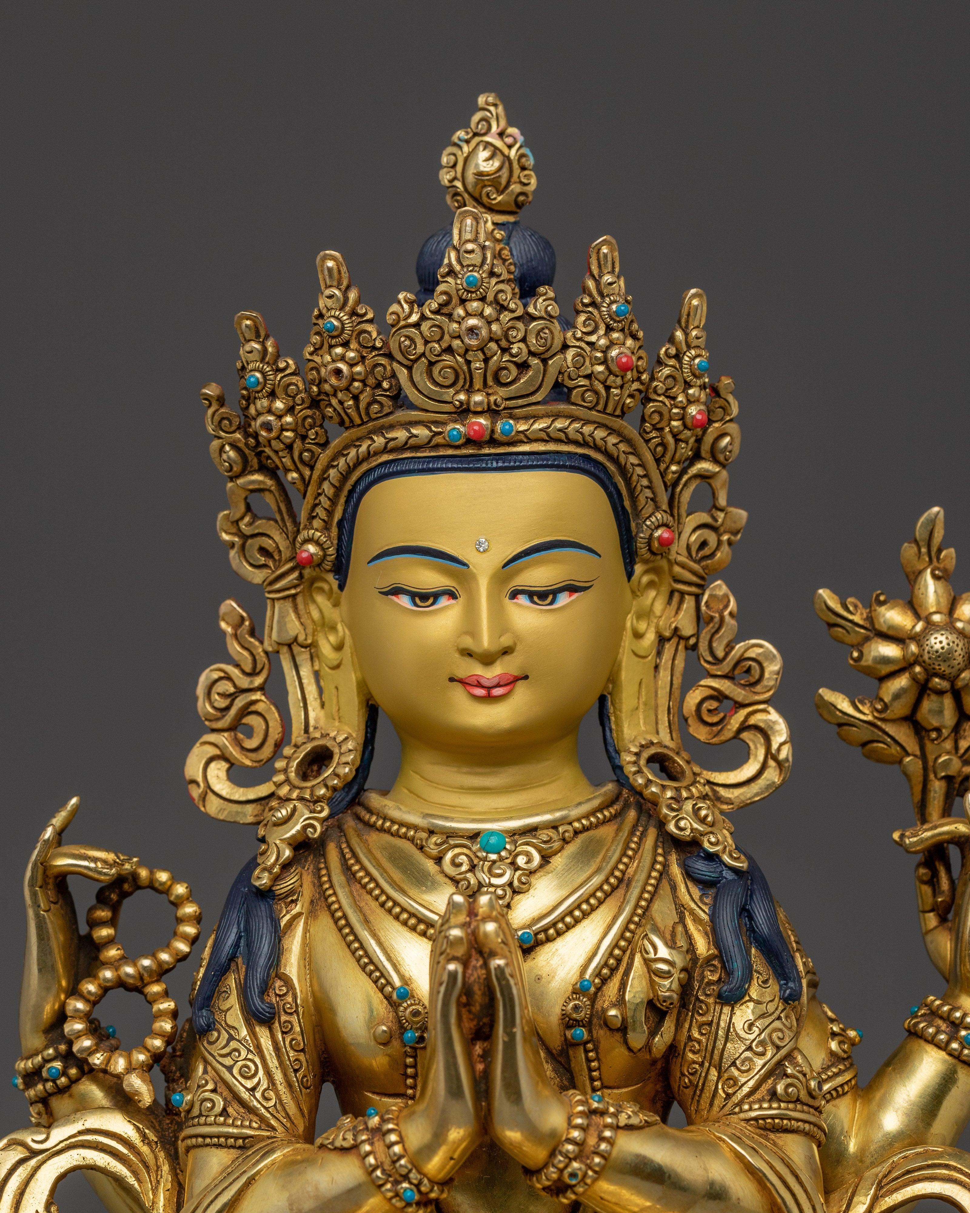 Gold Gilded Chenrezig Statue with Copper Body | Tibetan Bodhisattva of Compassion