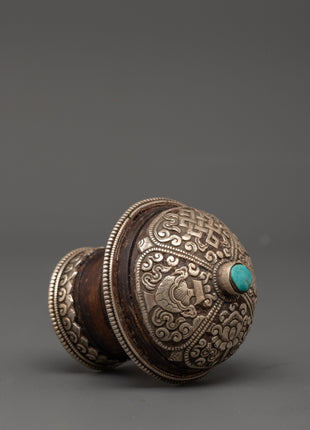 Brocade Thangka Stick Cap | Handcrafted Wooden Body with Silver and Turquoise