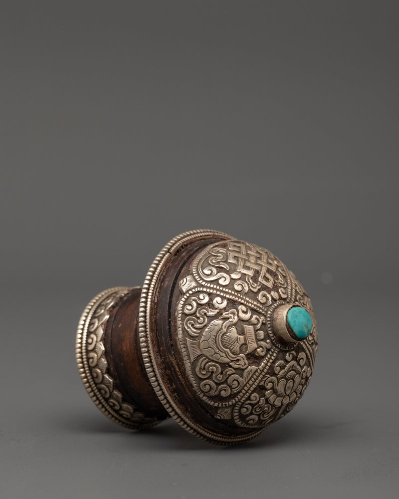 Brocade Thangka Stick Cap | Handcrafted Wooden Body with Silver and Turquoise