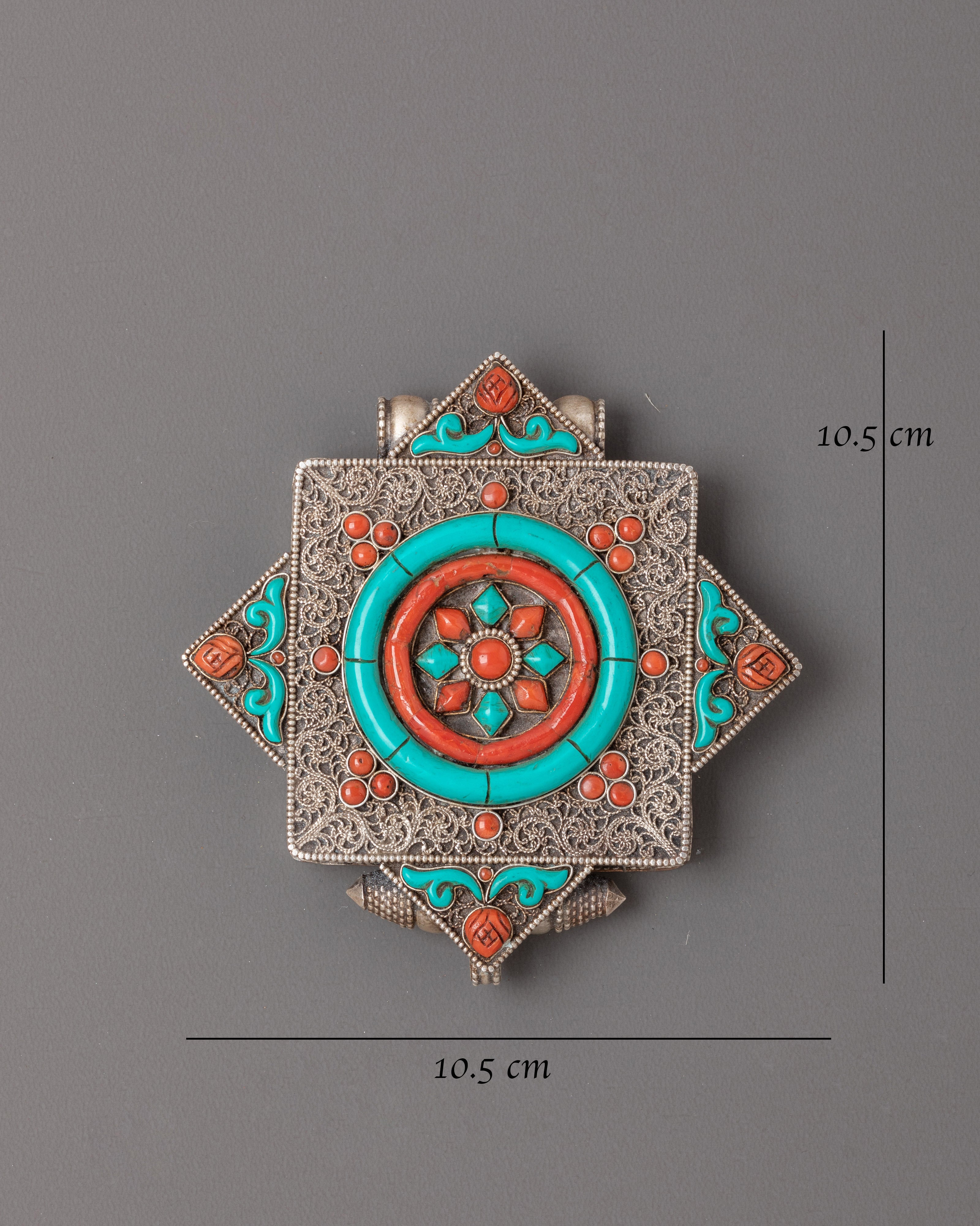 Traditional Mandala Ghau Box Locket | Silver Turquoise Coral Buddhist Shrine