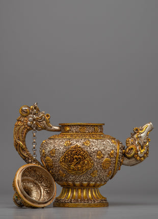 Handcrafted Tibetan Tea Pot with Gold & Silver Plating | Traditional Buddhist Decor