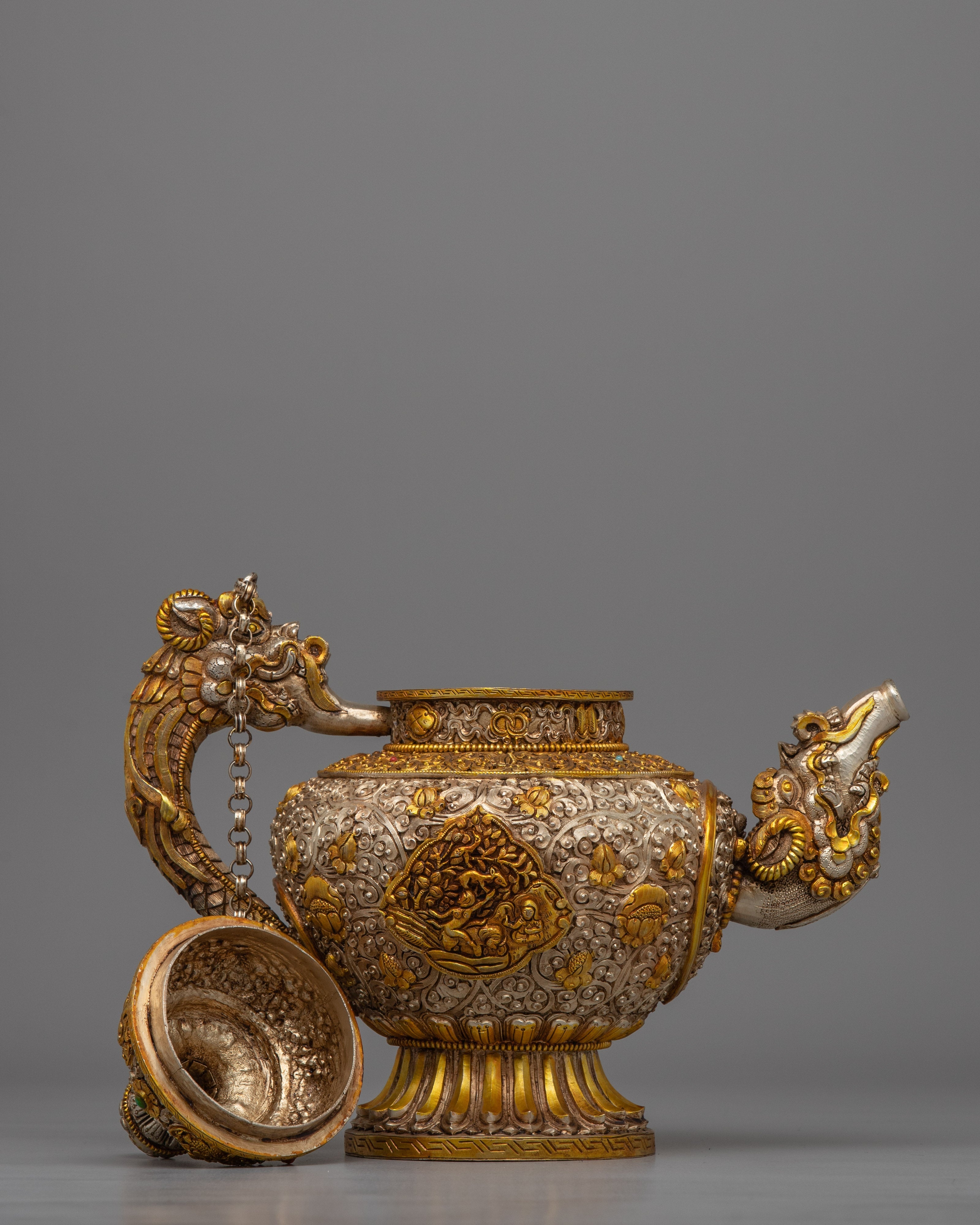 Handcrafted Tibetan Tea Pot with Gold & Silver Plating | Traditional Buddhist Decor