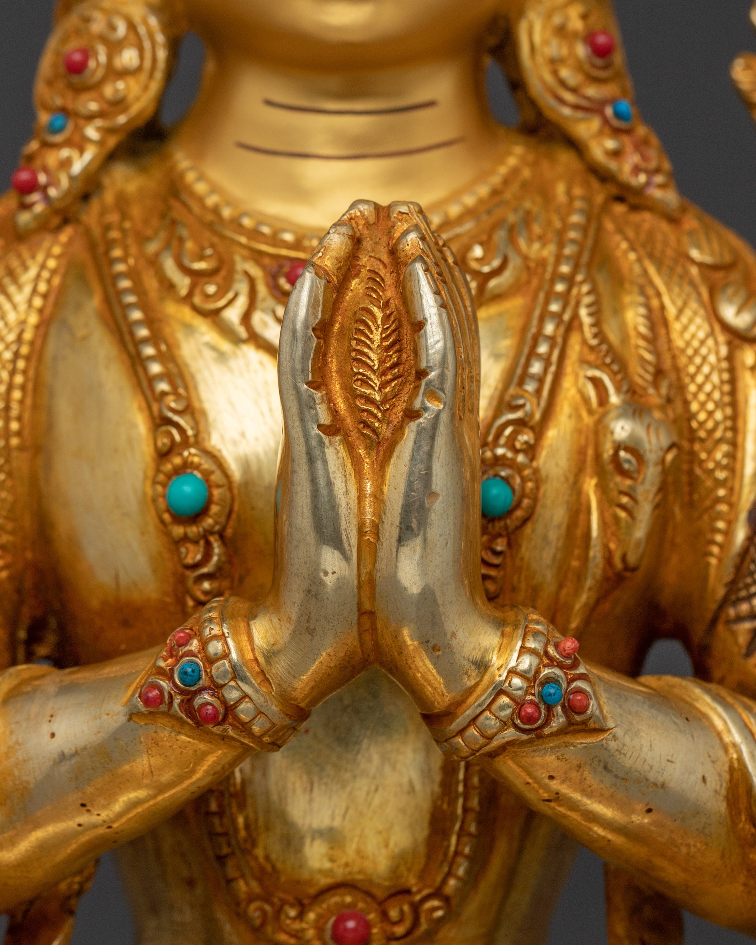 Handcrafted Chenrezig Copper Artwork with Gemstones Statue | Meditation & Spiritual Decor