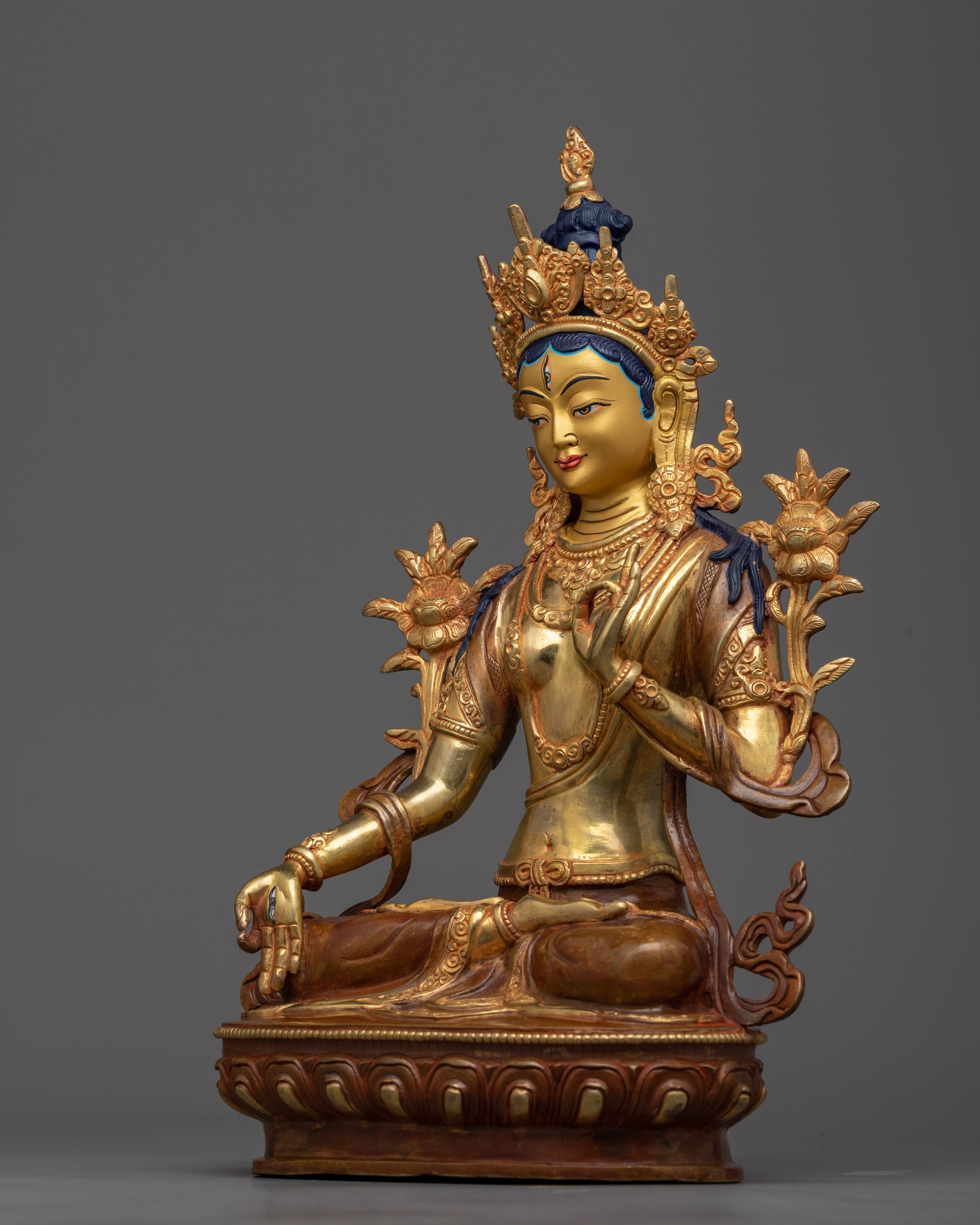 Female Goddess White Tara Statue | 24k Gold Gilded