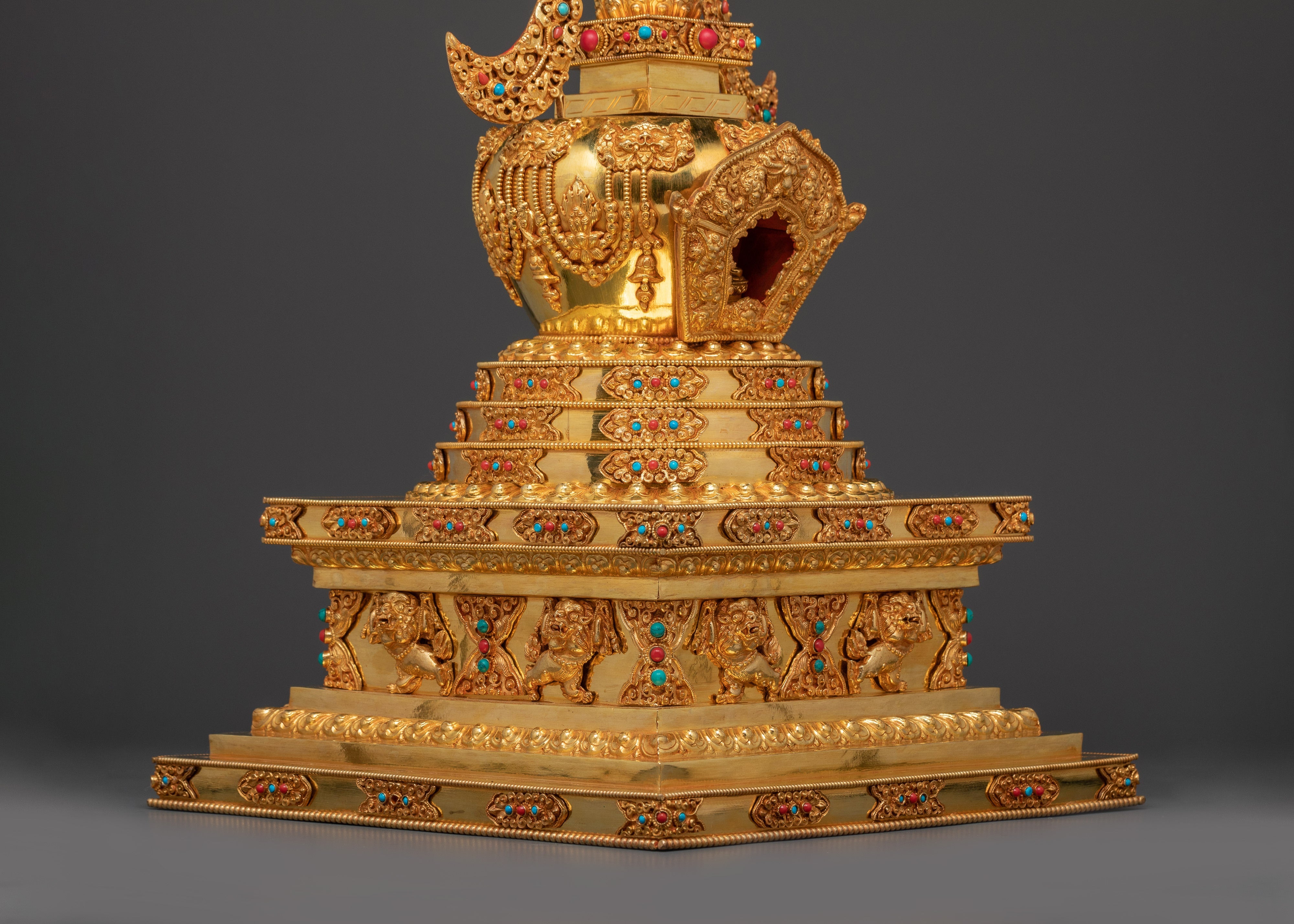 Gold-Plated Copper Buddhist Stupa for Tibetan Altar