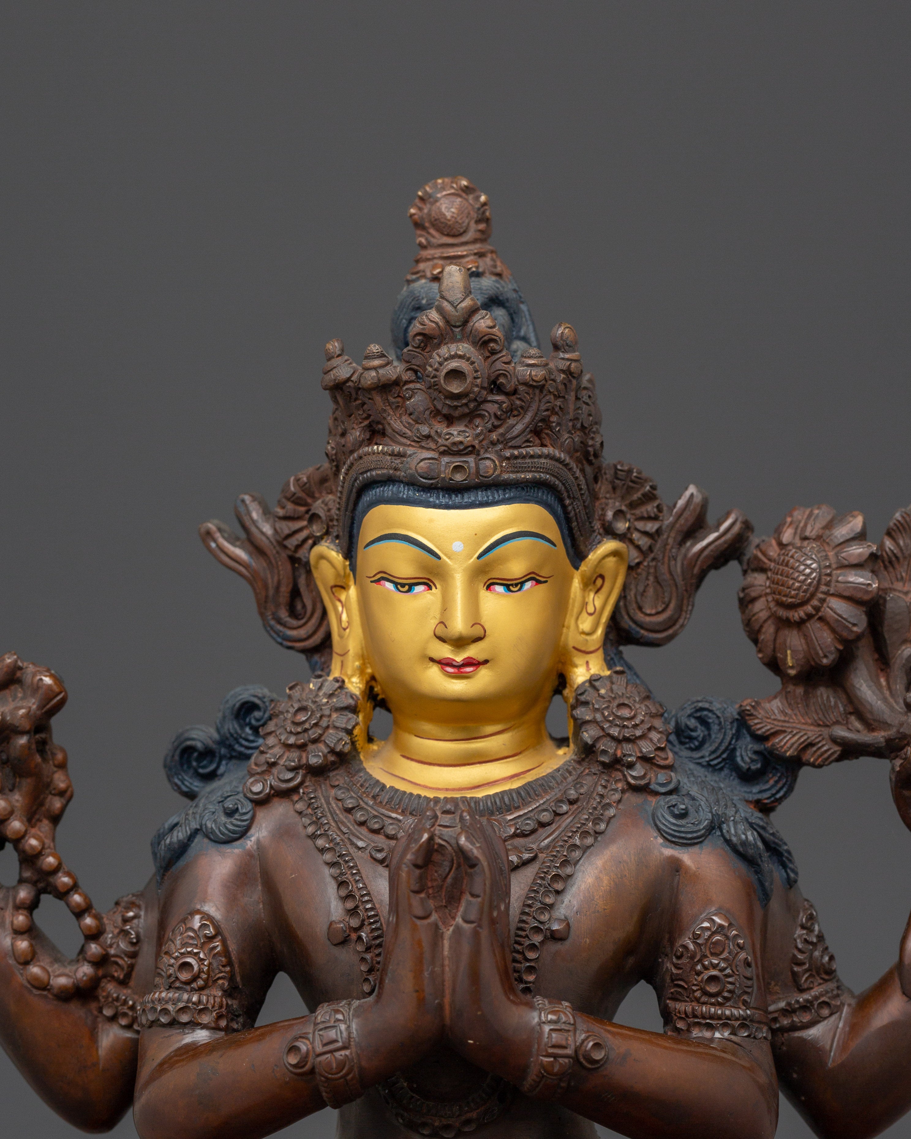 Tibetan Four-Armed Avalokiteshvara Copper Statue | Sculpture for Meditation, & Blessings