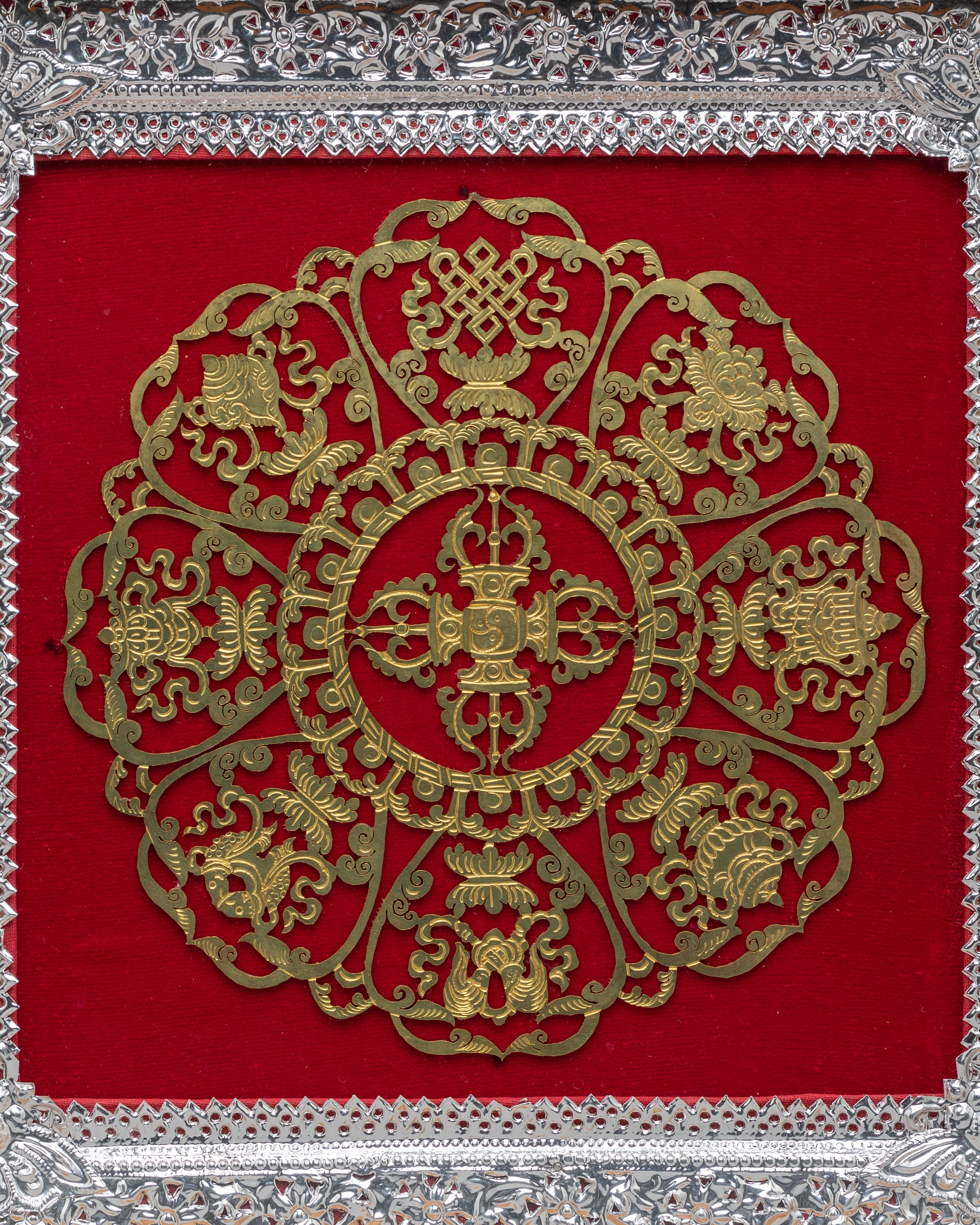 Framed Auspicious Symbol Wall Hanging | Tibetan Art with Bishwo Vajra Center