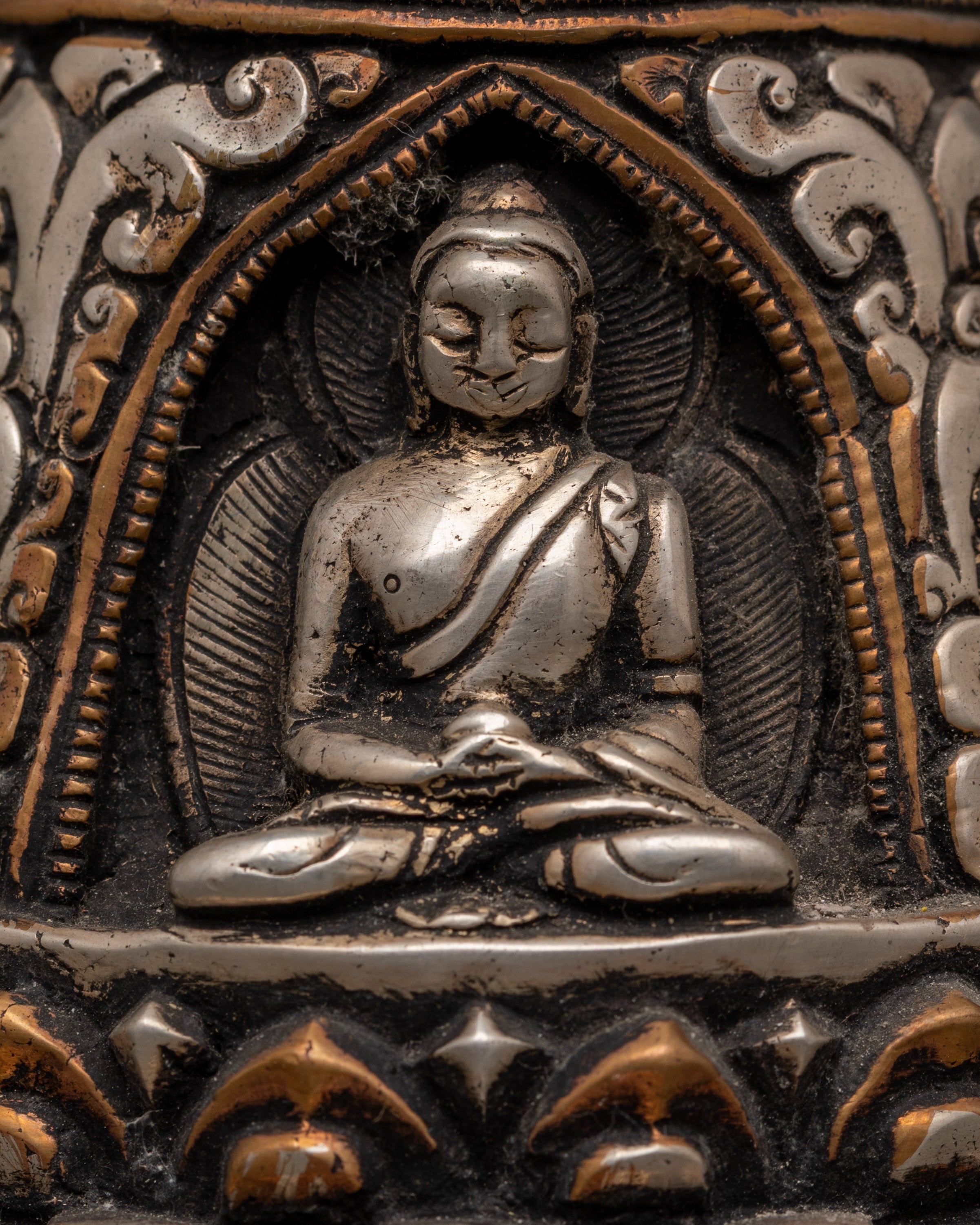 Oxidized Copper Stupa with Silver Plating 4 Buddha Engraved | Spiritual Home Decor
