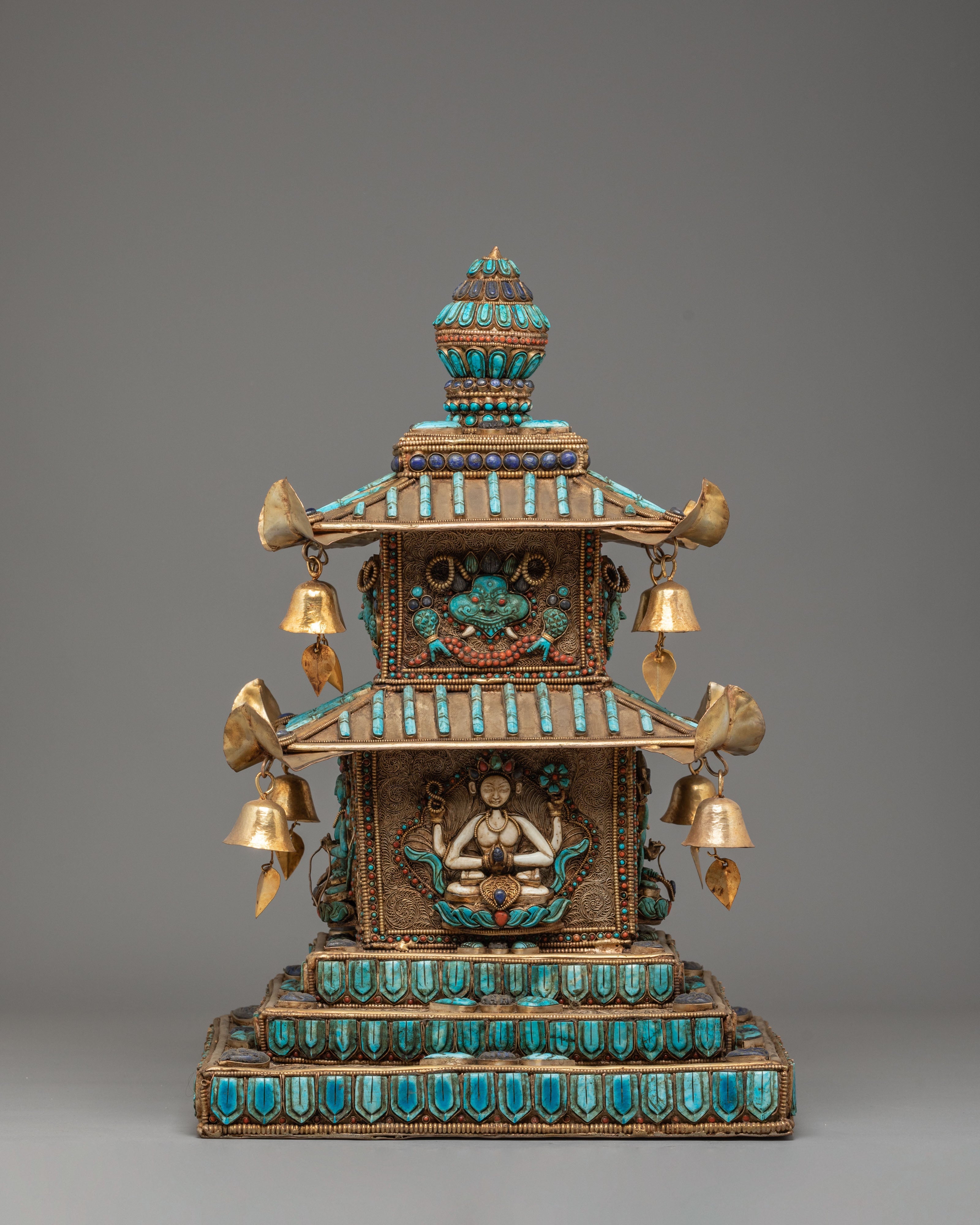 Tibetan Stupa with Deities and Turquoise Inlays | Copper & Semi-Precious Stones