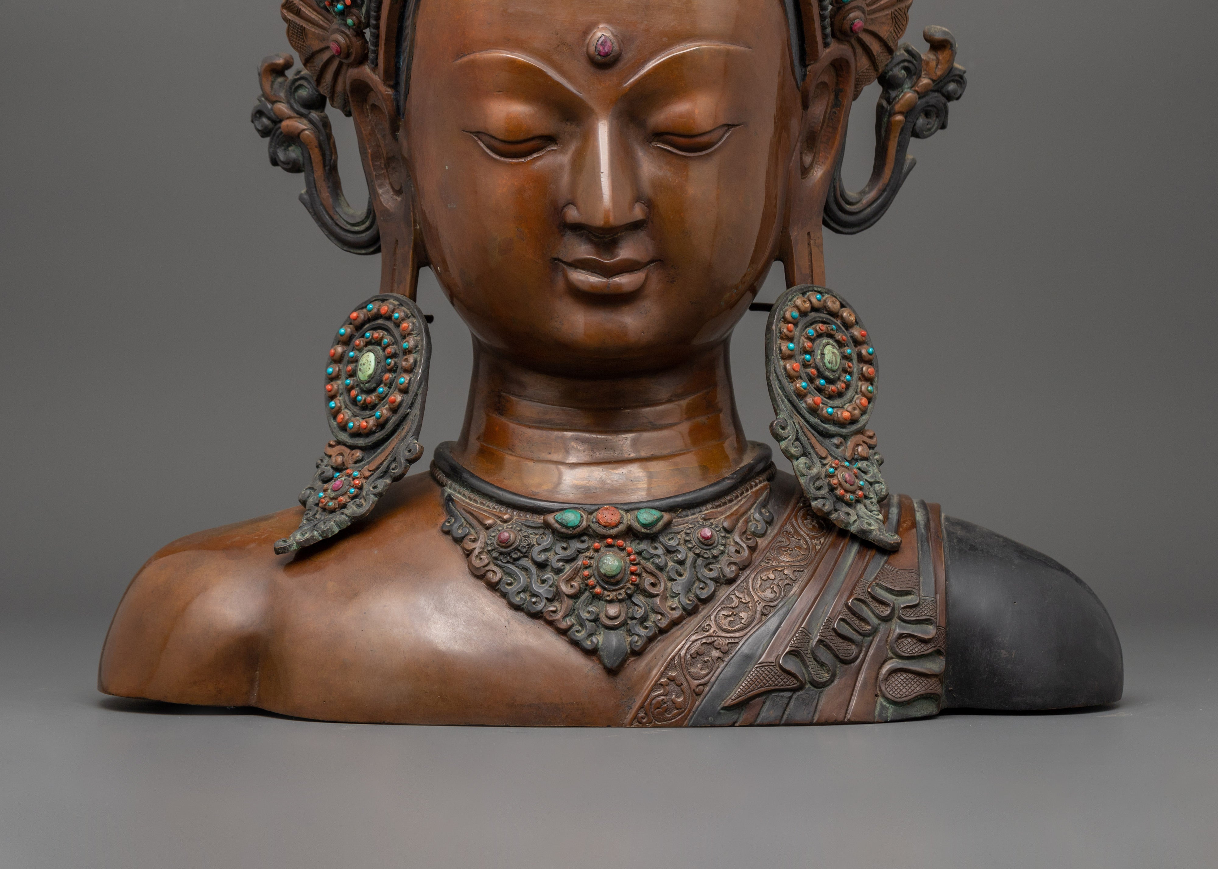 Crowned Buddha Head Sculpture | Oxidized Copper Bust with Coral Inlay