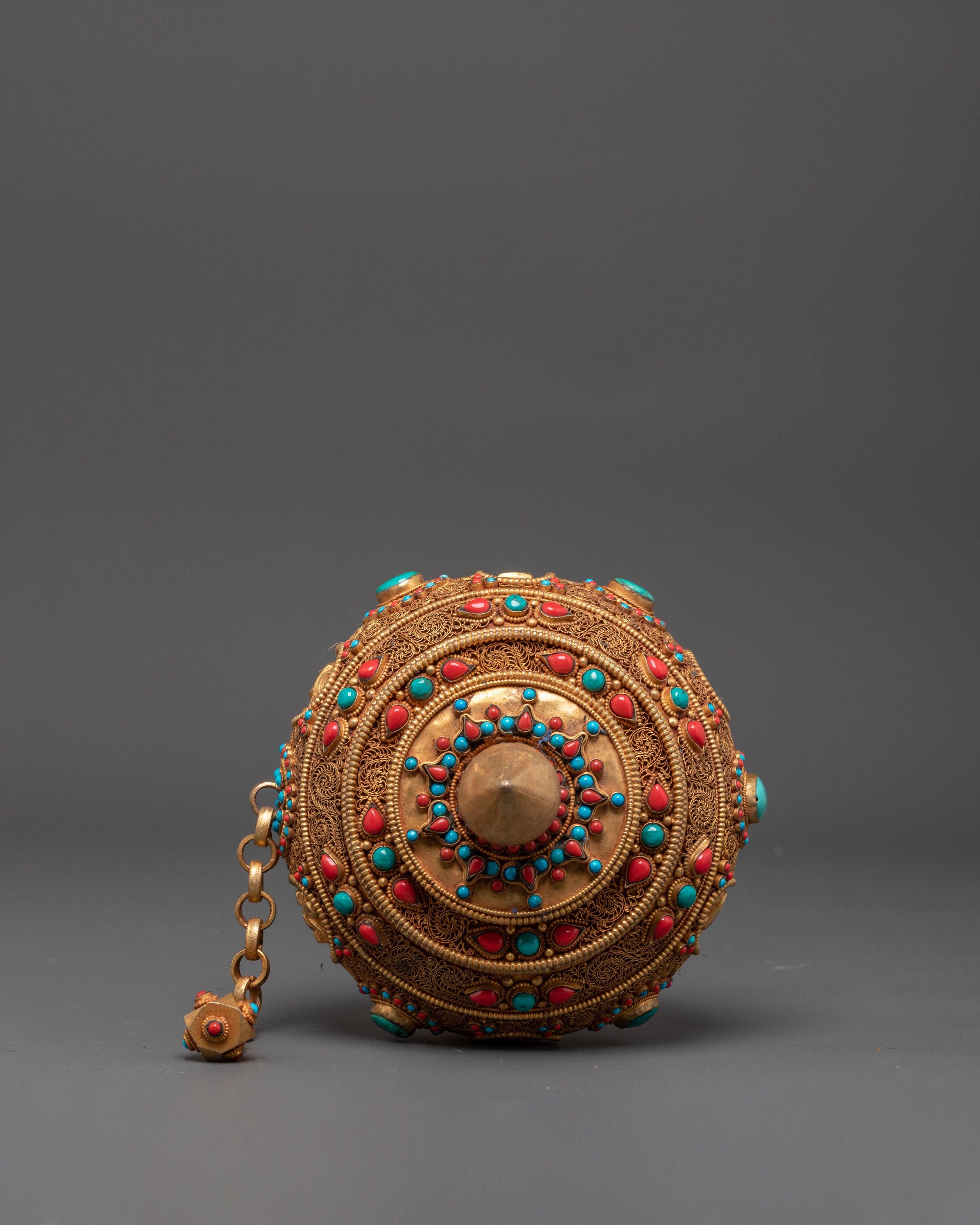 Prayer Wheel for Accumulating Merit | Gold Plated Copper Wheel with Coral and Turquoise