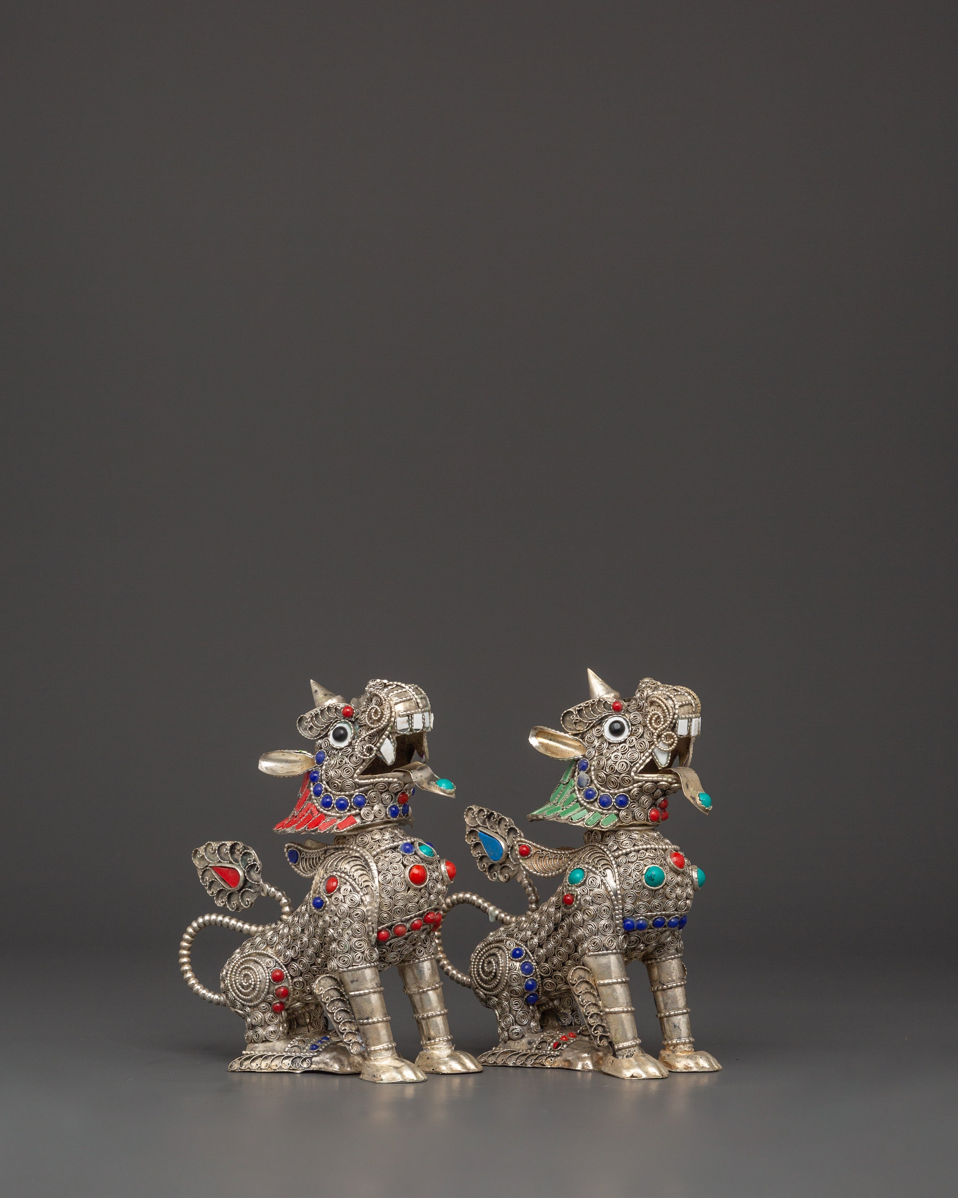 Tibetan Snow Lion Buddhist Protector Set | Silver-Plated White Metal Guardian Statues