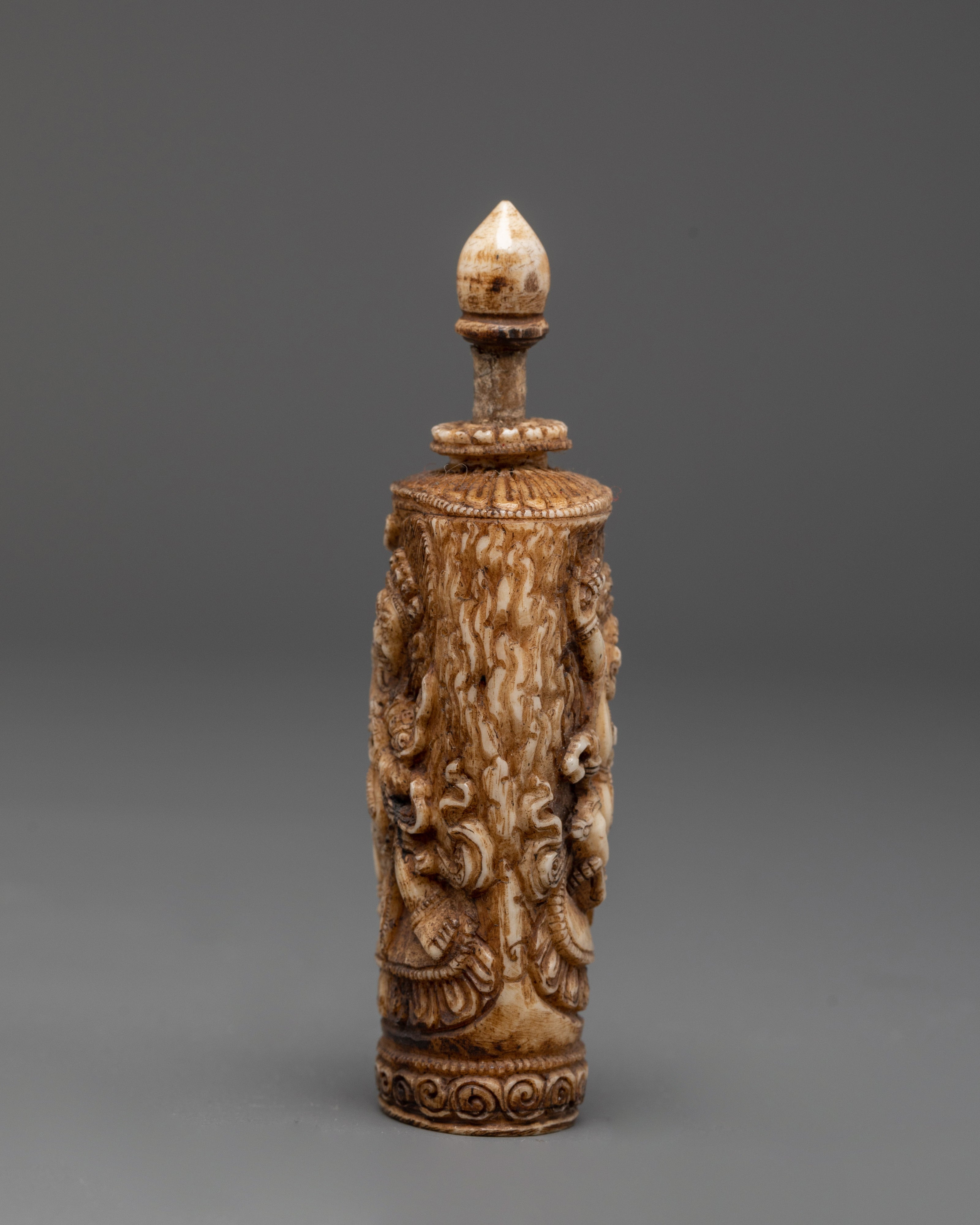 Hand-Carved Tibetan Guardian Deity Snuff Pot | Tibetan Buddhist Ritual Object