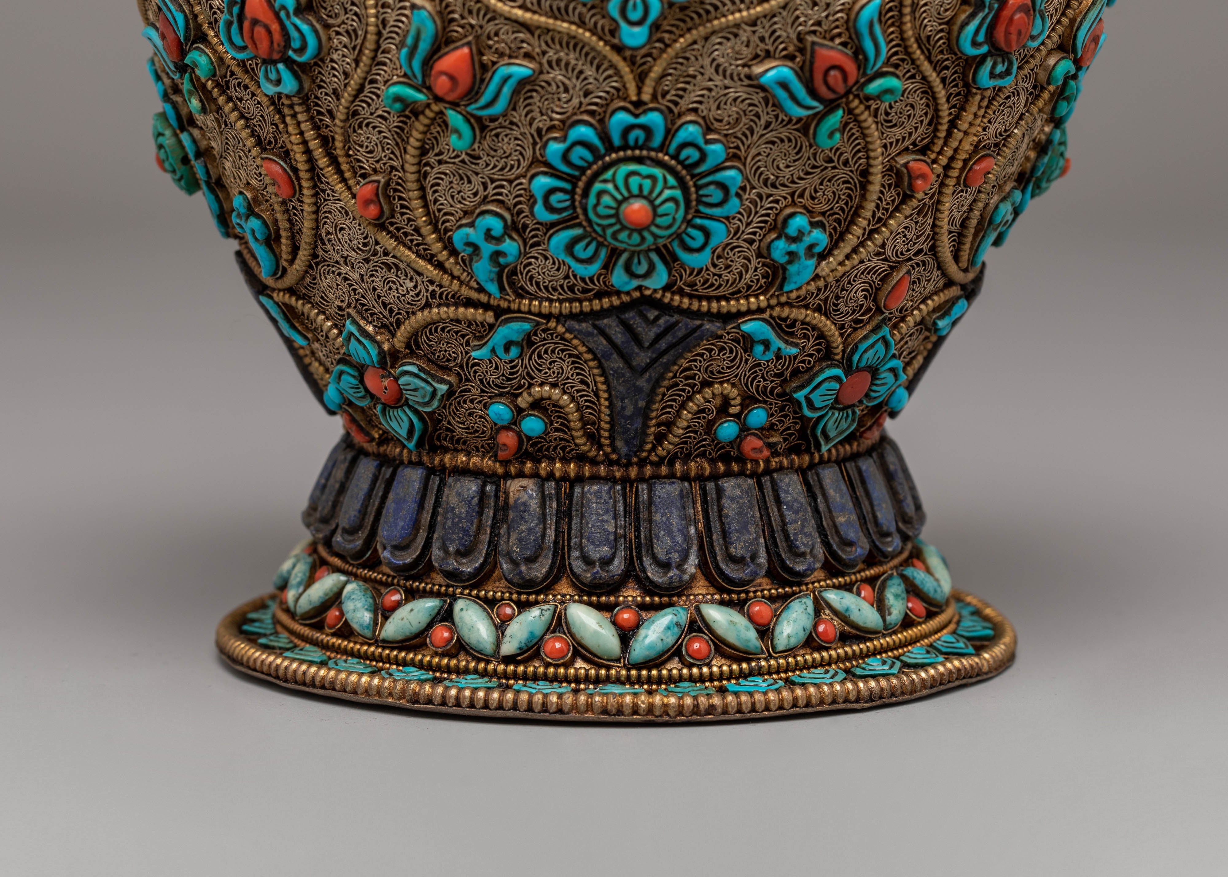 Buddhist Ritual Rice Offering Pot | Copper & Silver Plated with Gemstones