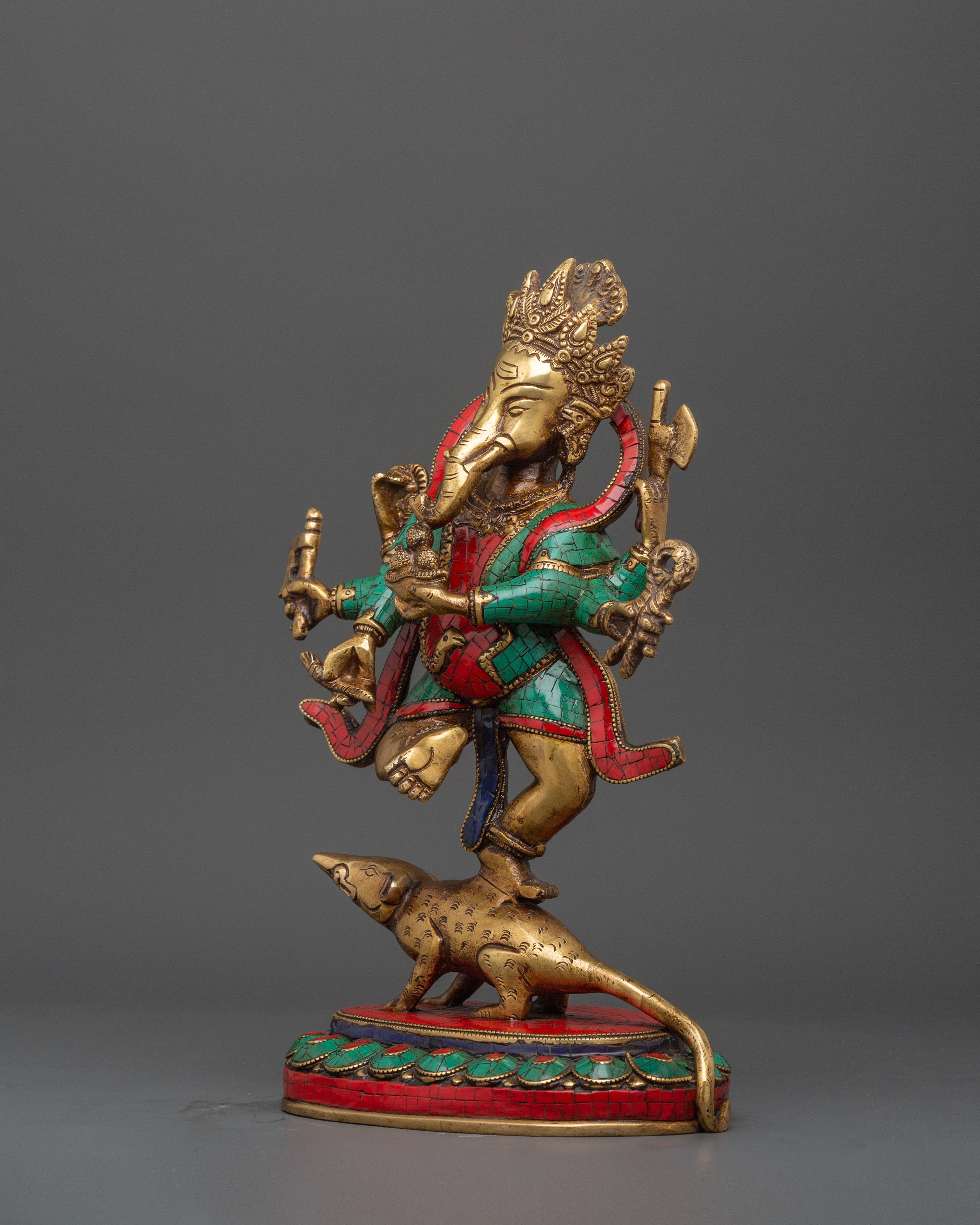 Lord Ganesh In Dance Posture Statue | Brass Ganesh Statue with Turquoise & Coral