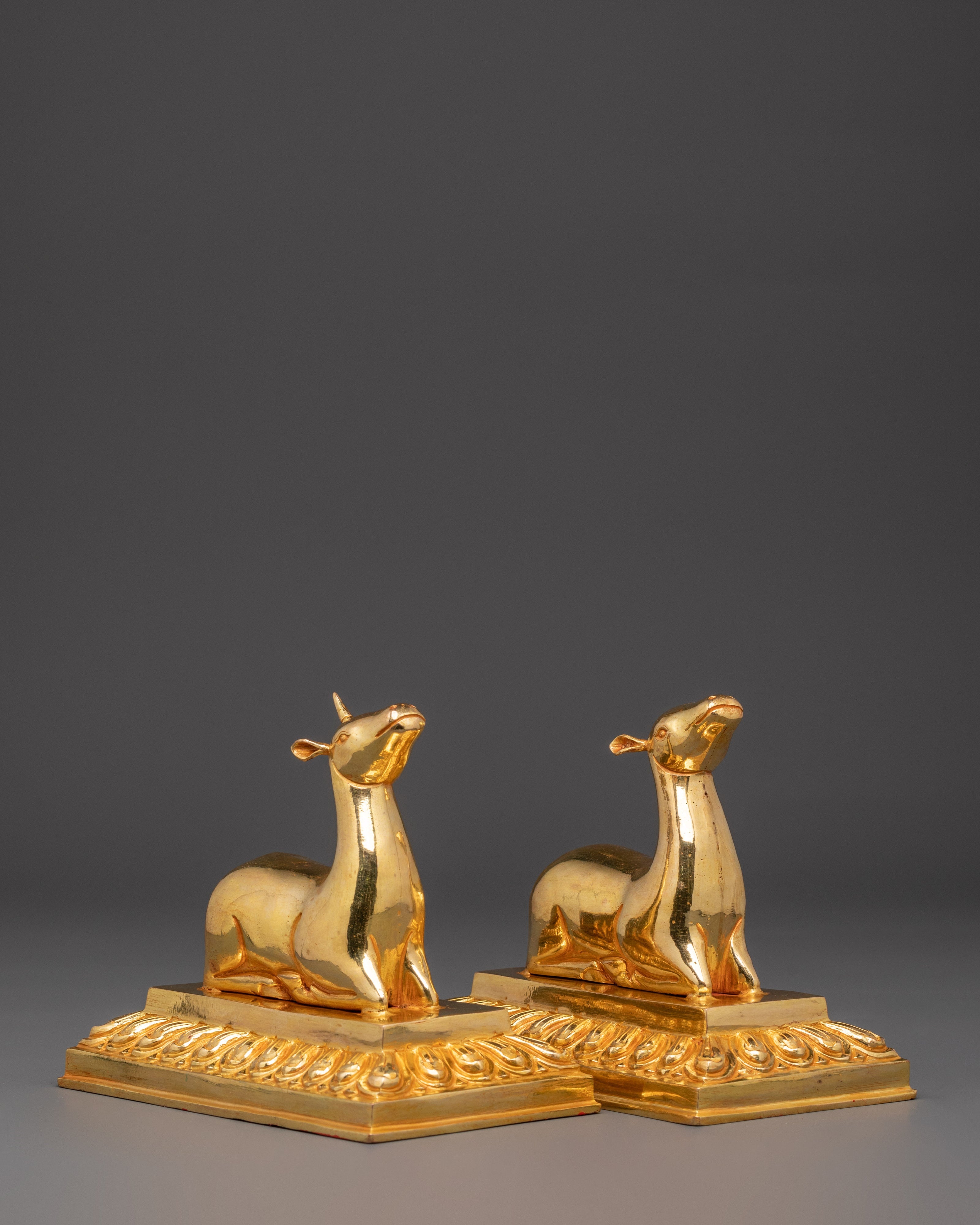 Gold Plated Dharma Wheel with Deer | Tibetan Buddhist Altar Symbol