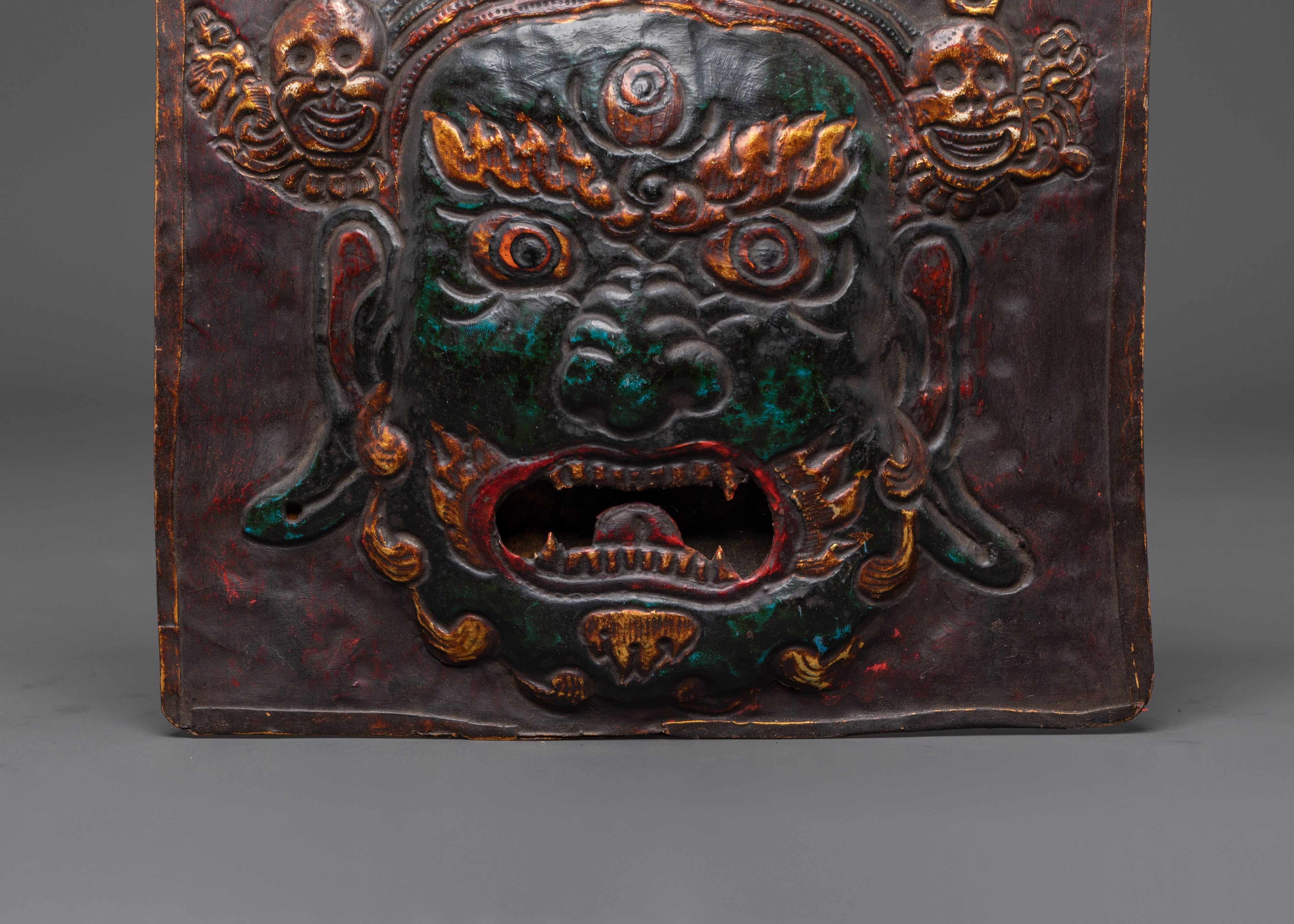 Buddhist Mahakala Wall Hanging Art | Handcrafted Brass Decor with Skull Motifs