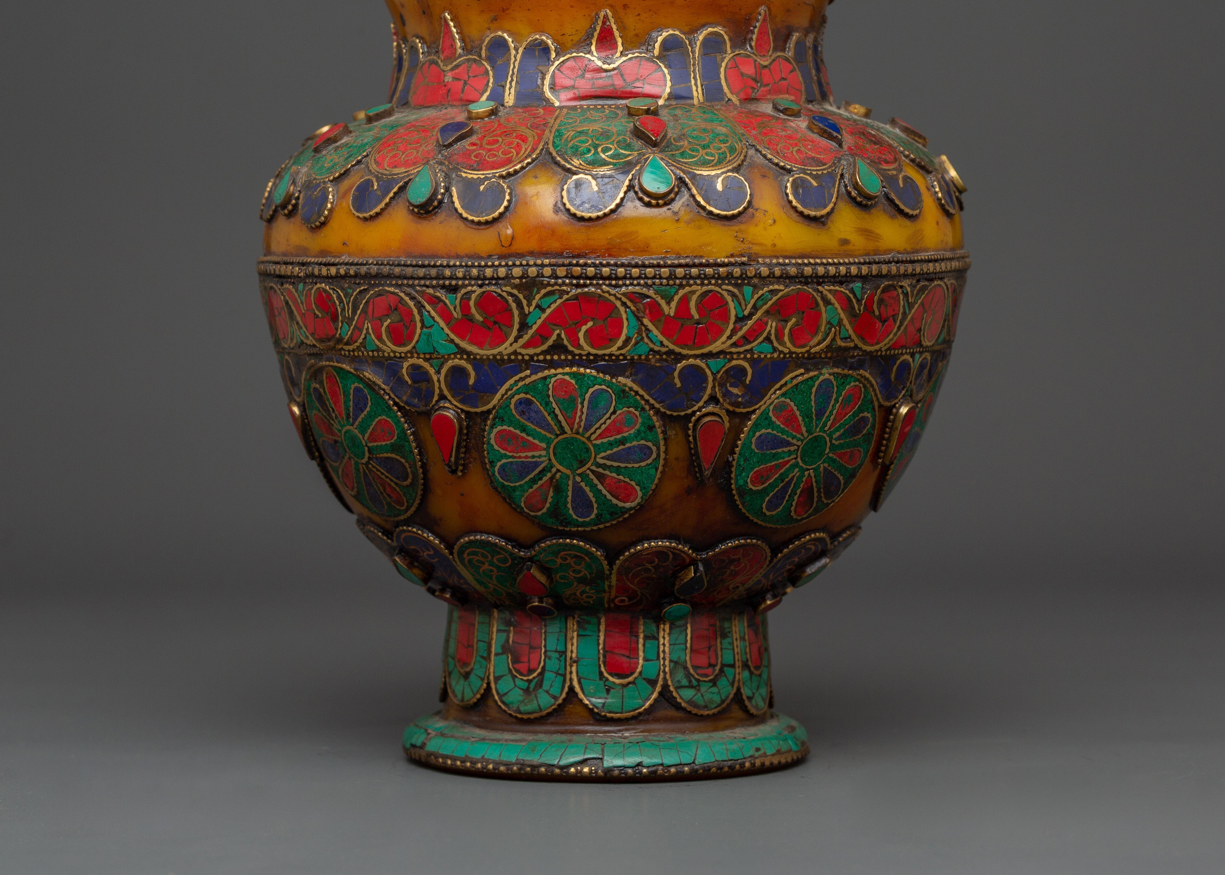 Traditional Himalayan Rice Pot | Handcrafted Brass & Amber Vessel with Turquoise Stone