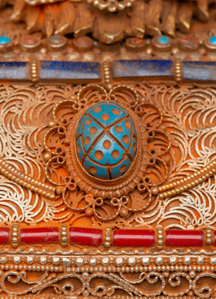 Gold-Plated Copper Tibetan Treasure Box | Coral & Turquoise Stones Inlaid Handcrafted Box