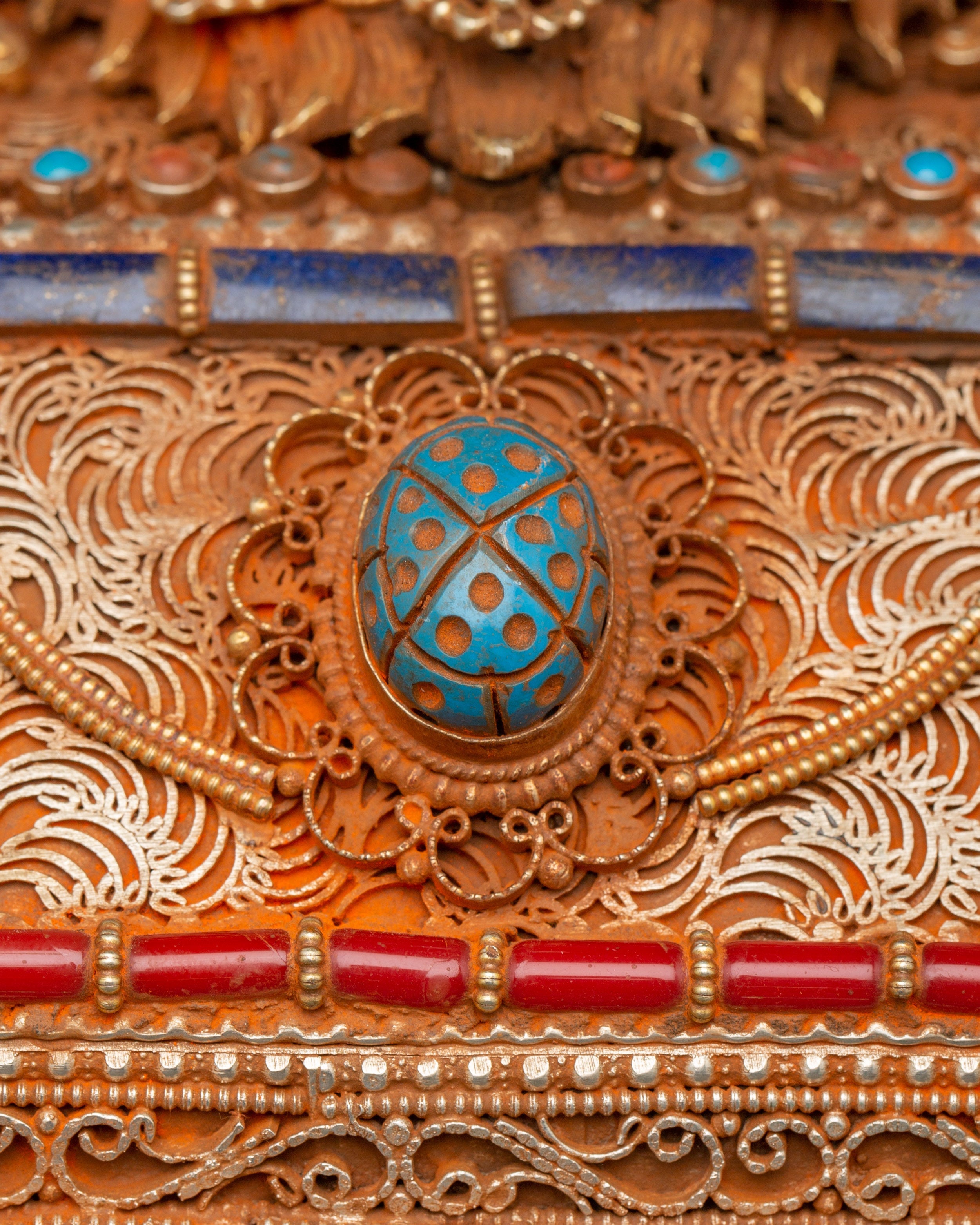 Gold-Plated Copper Tibetan Treasure Box | Coral & Turquoise Stones Inlaid Handcrafted Box