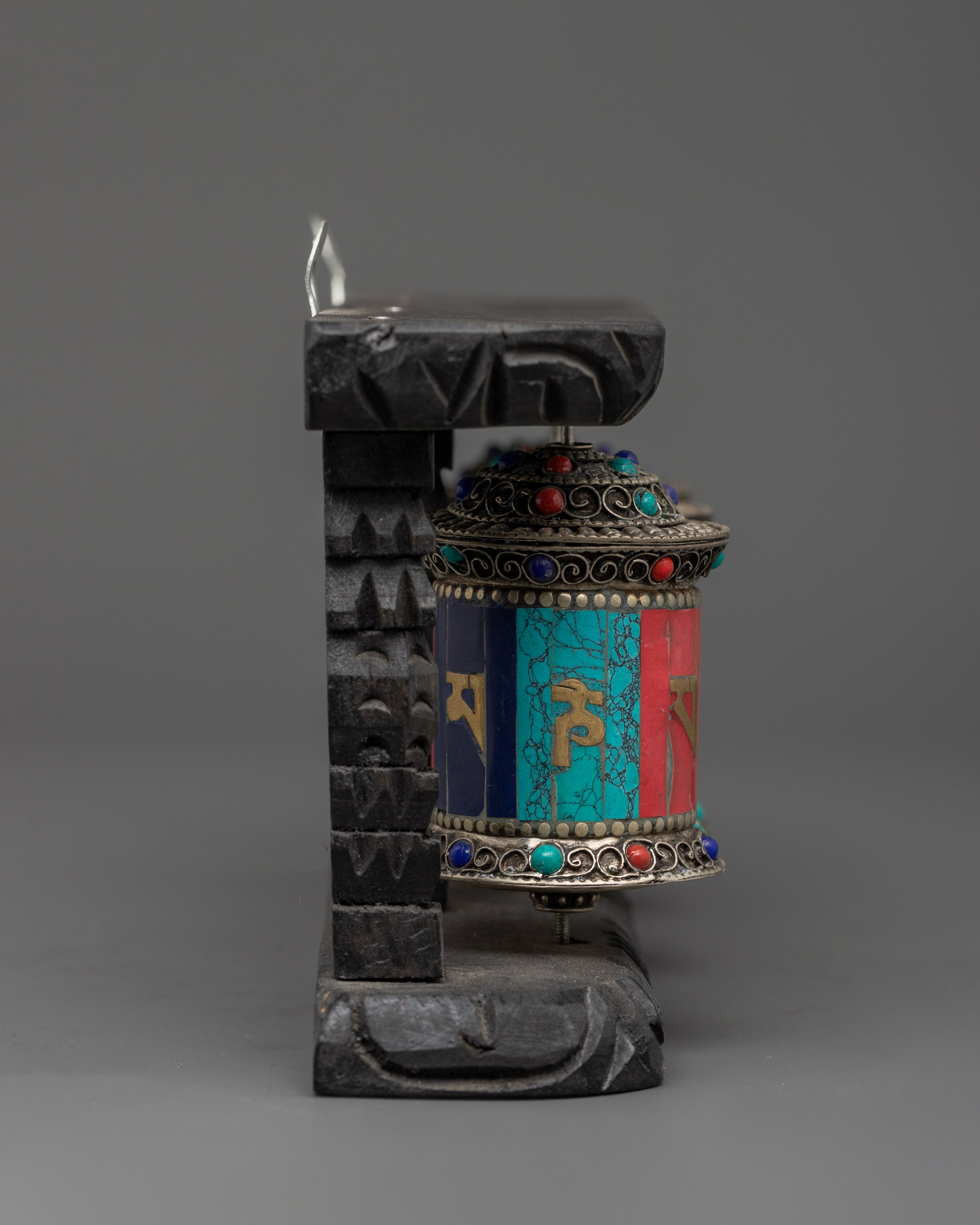 Tibetan Triple Prayer Wheel Set | Spiritual Buddhist Decor